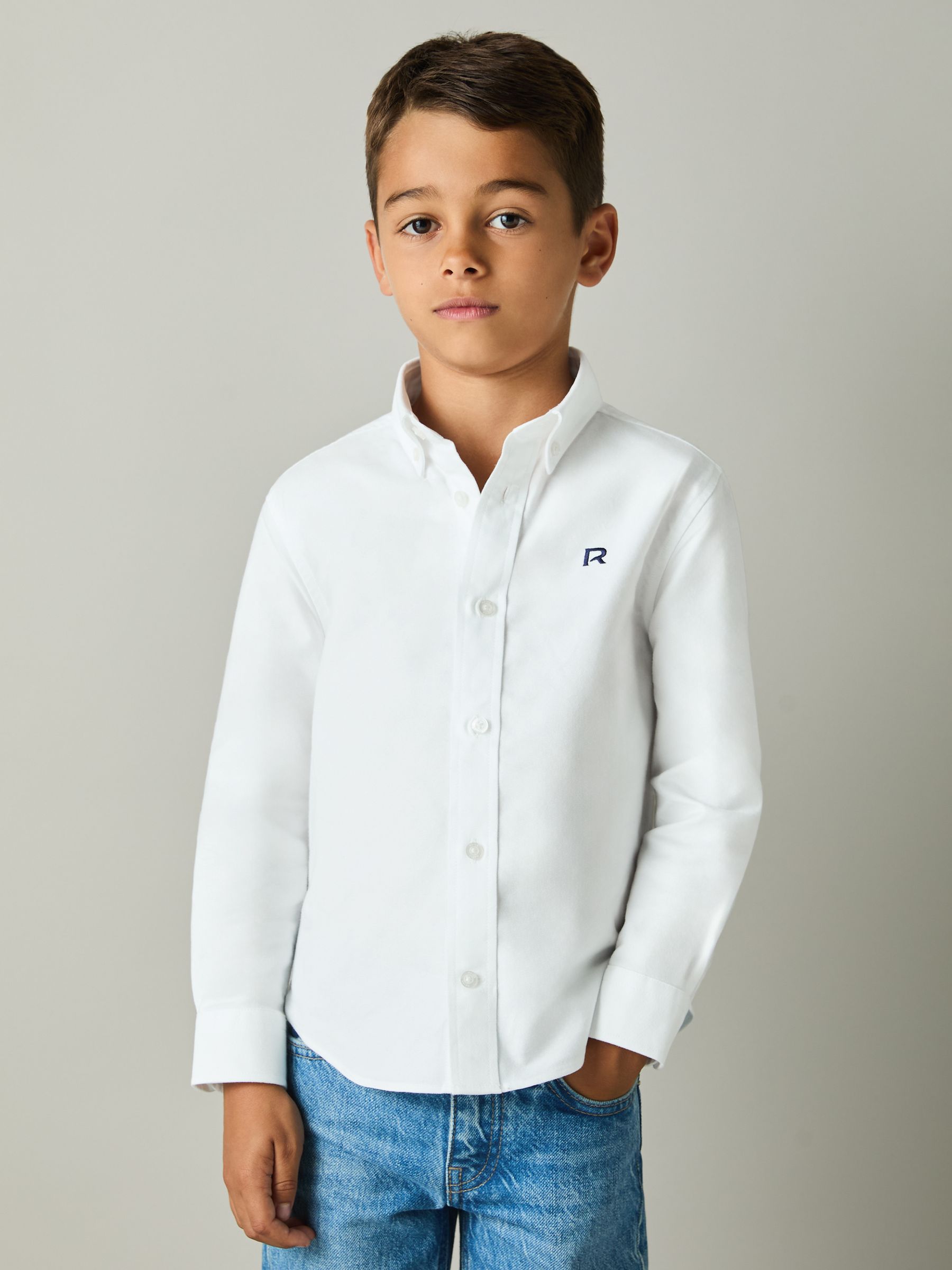 3-9 yrs Cotton-Oxford Embroidered Button-down Shirt in White/Navy