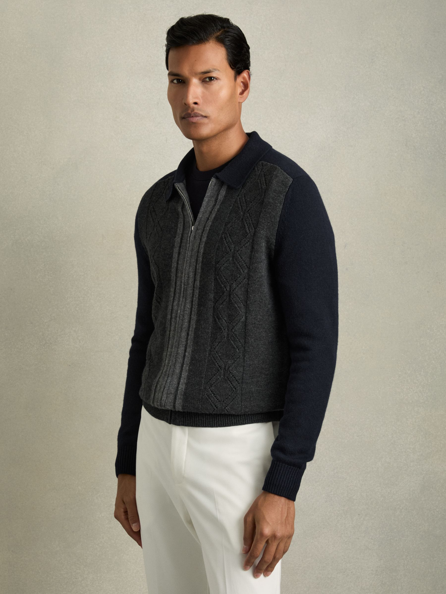 Wool Colour-Block Zip-Through Cardigan in Navy/Grey
