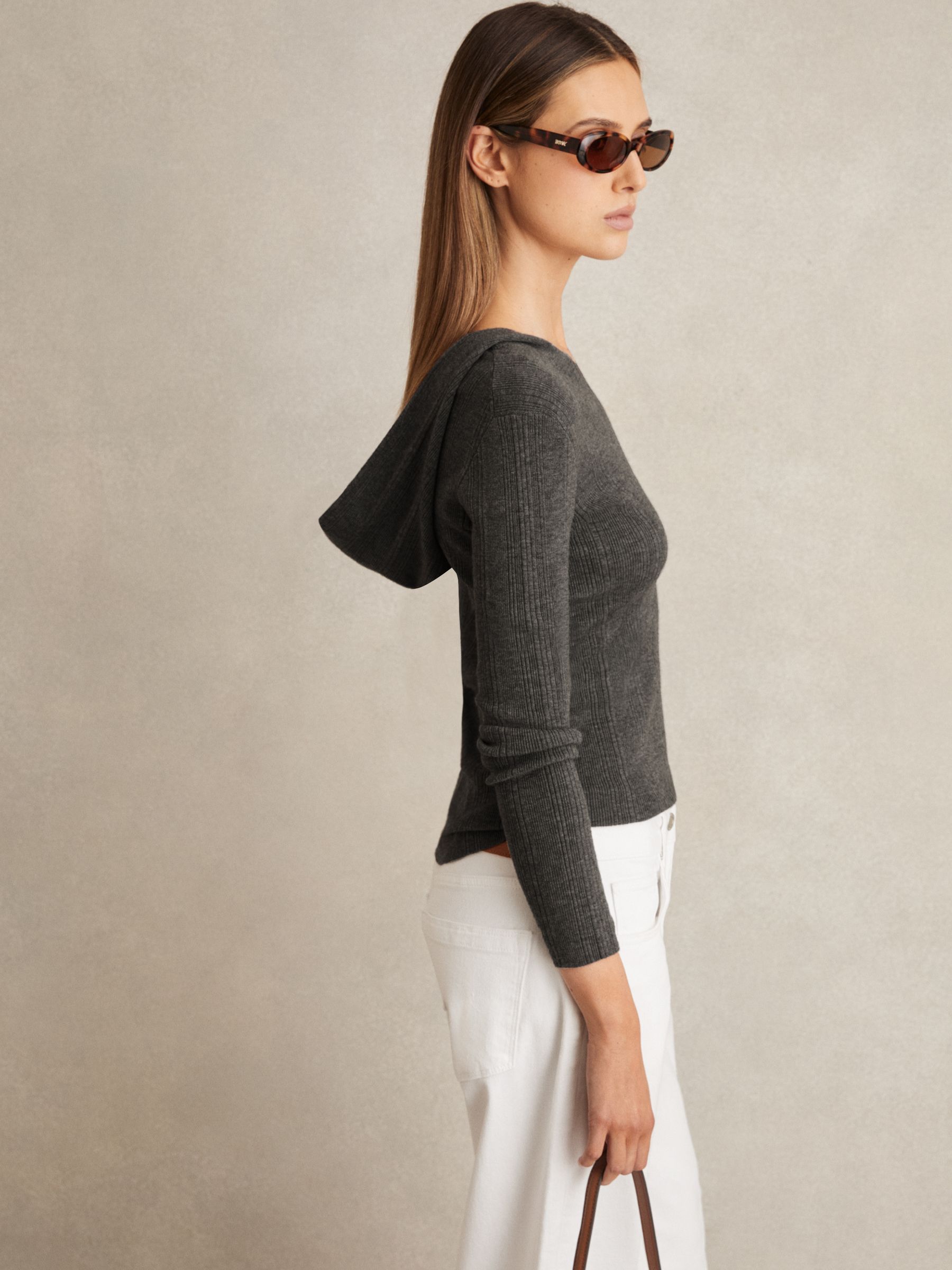 Wool-Blend Rib-Knit Hooded Jumper in Charcoal
