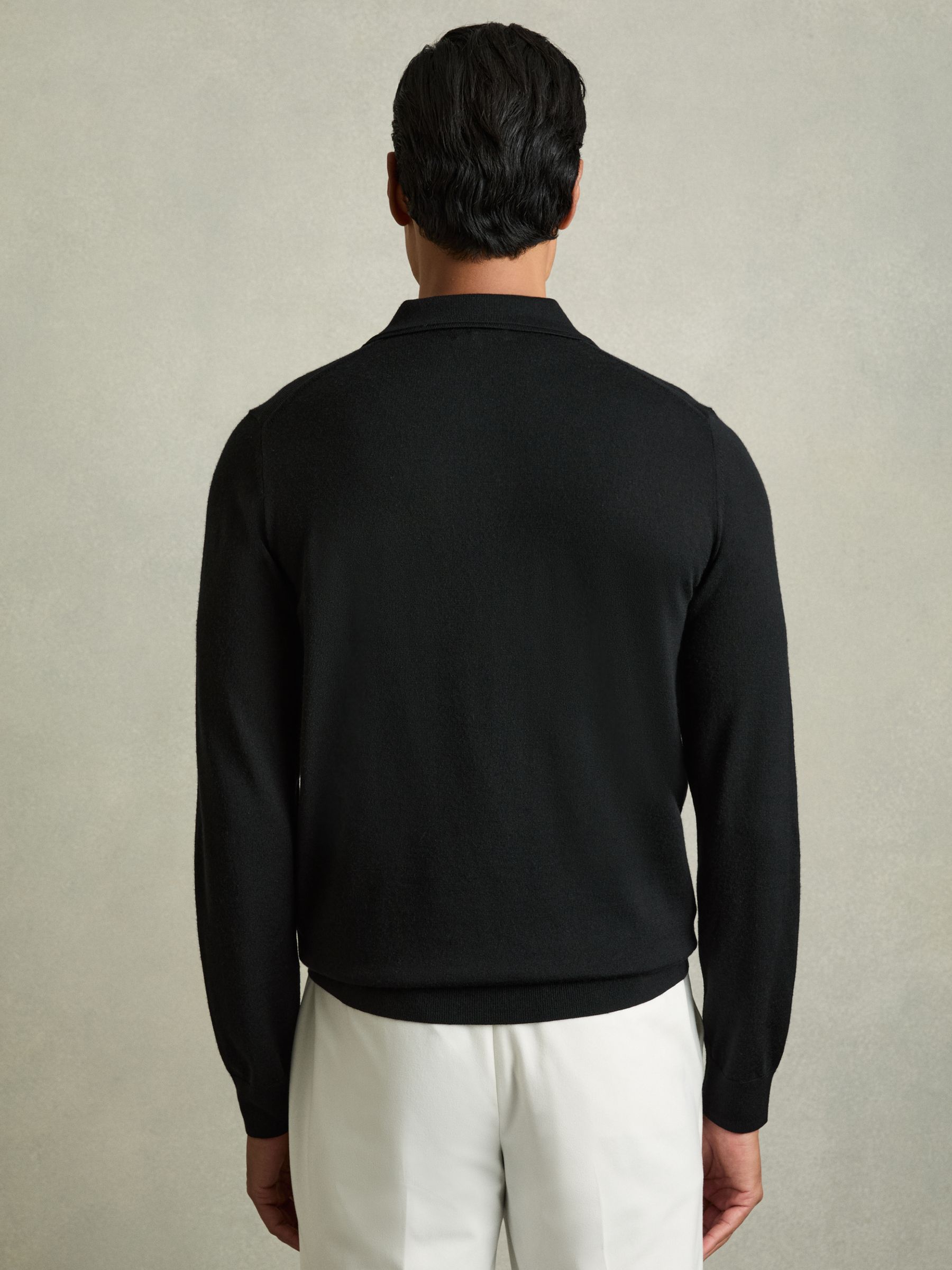 Merino Wool Long-Sleeve Polo Shirt in Black
