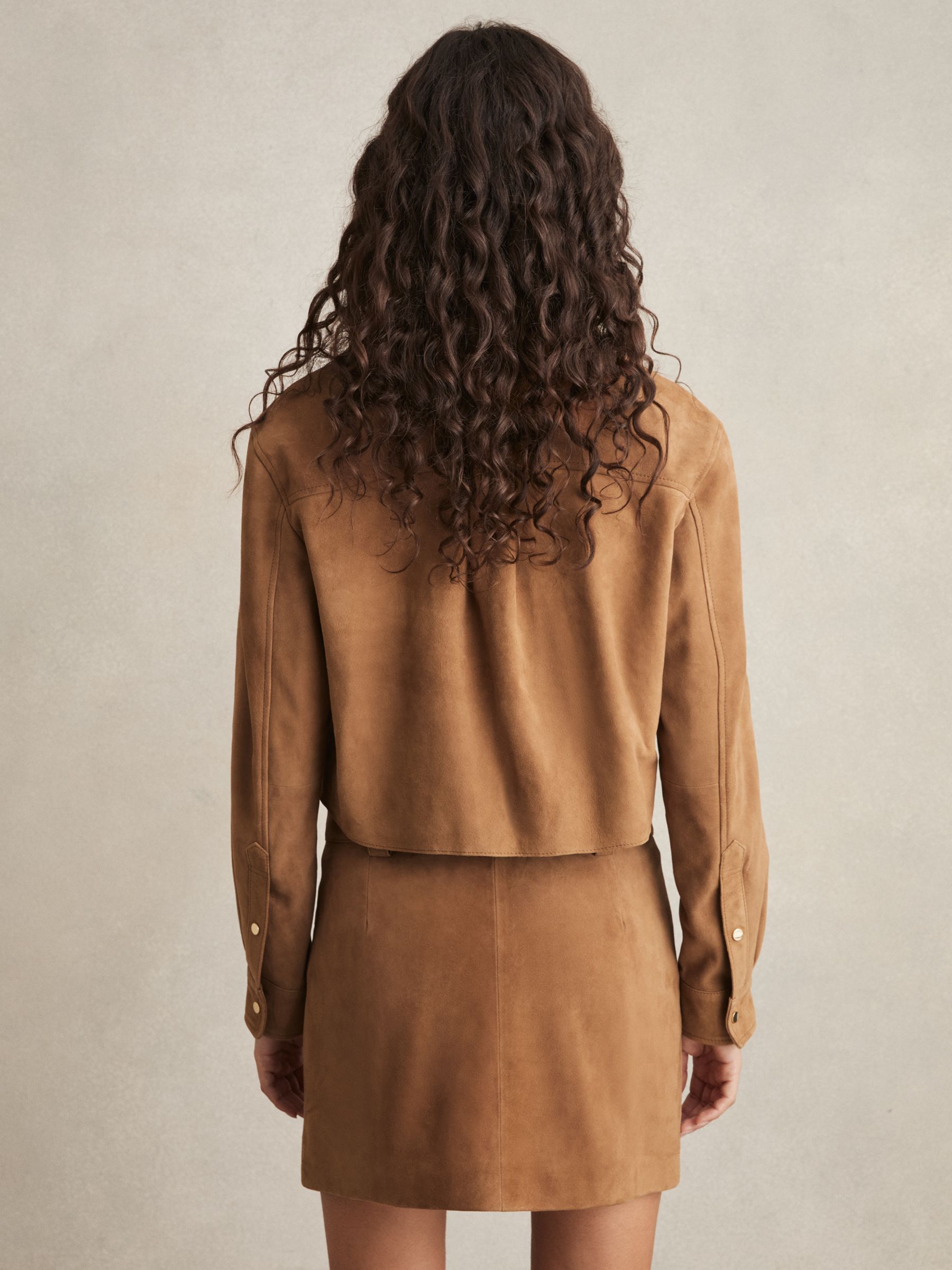 Suede Press-Stud Cropped Shirt in Tan