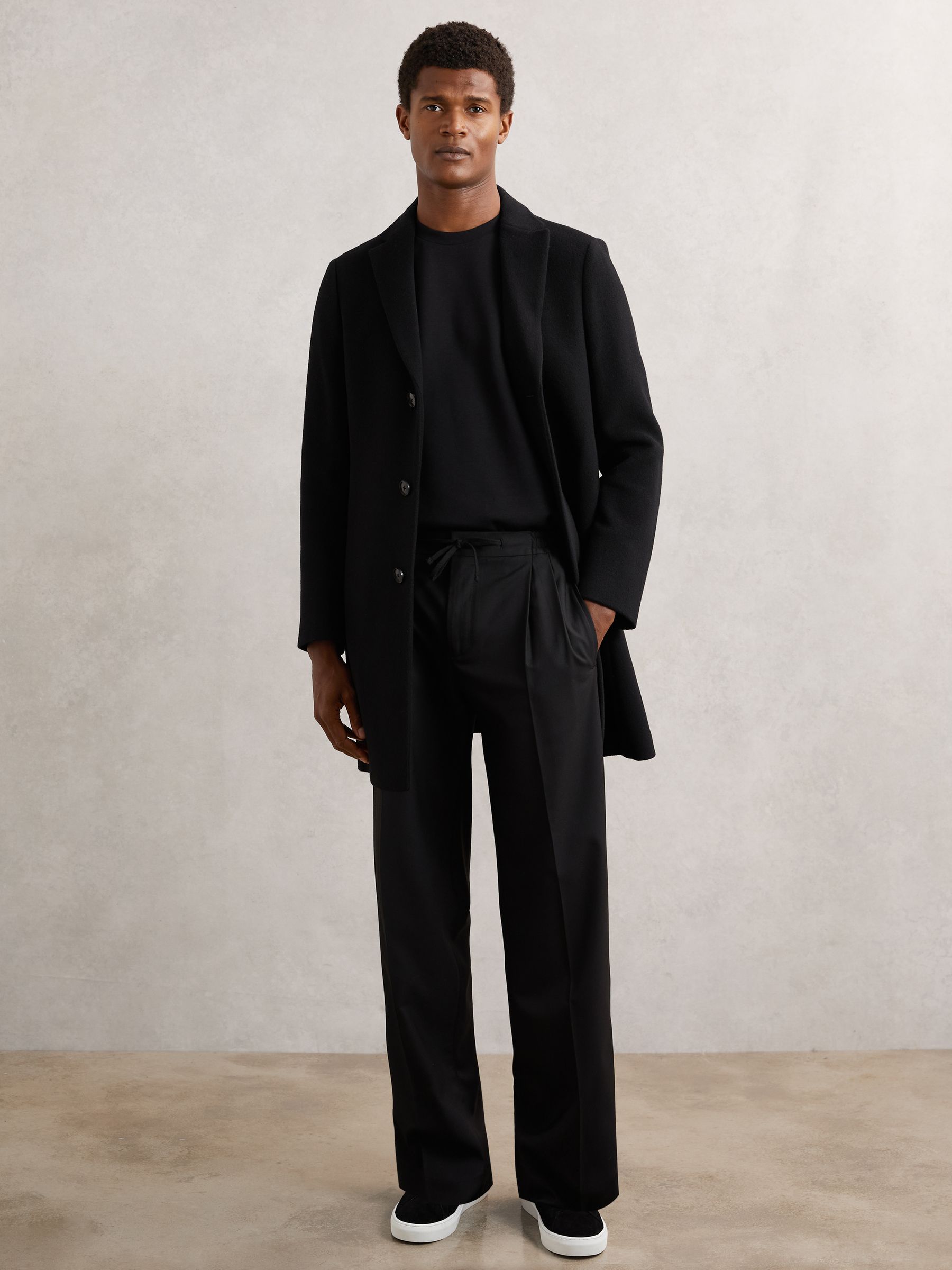 Wide Leg Pleated Drawstring Trousers in Black