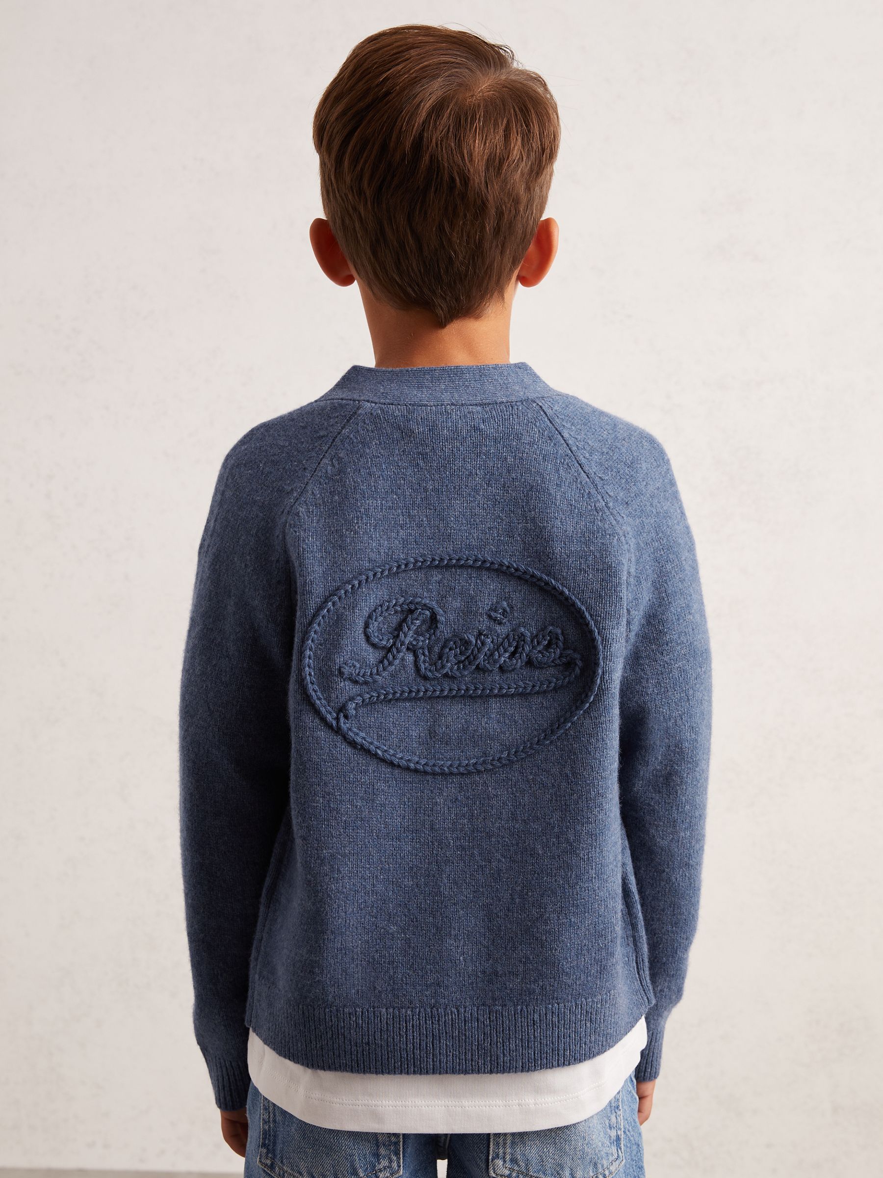 9-13 yrs Wool Embroidered-Logo Cardigan in Dark Airforce Blue