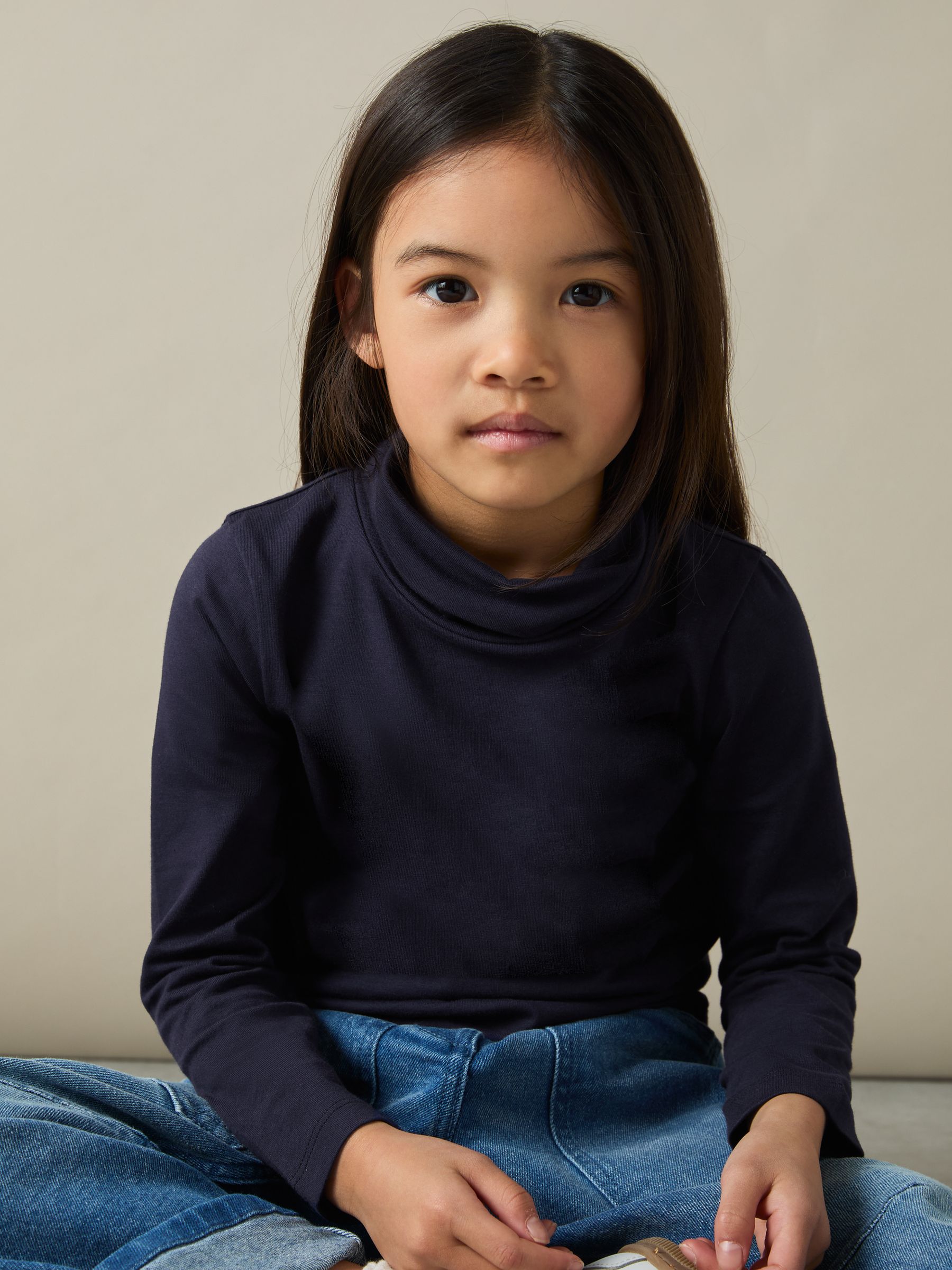 9-13 yrs Cotton-Jersey Roll-Neck Top with Stretch in Navy