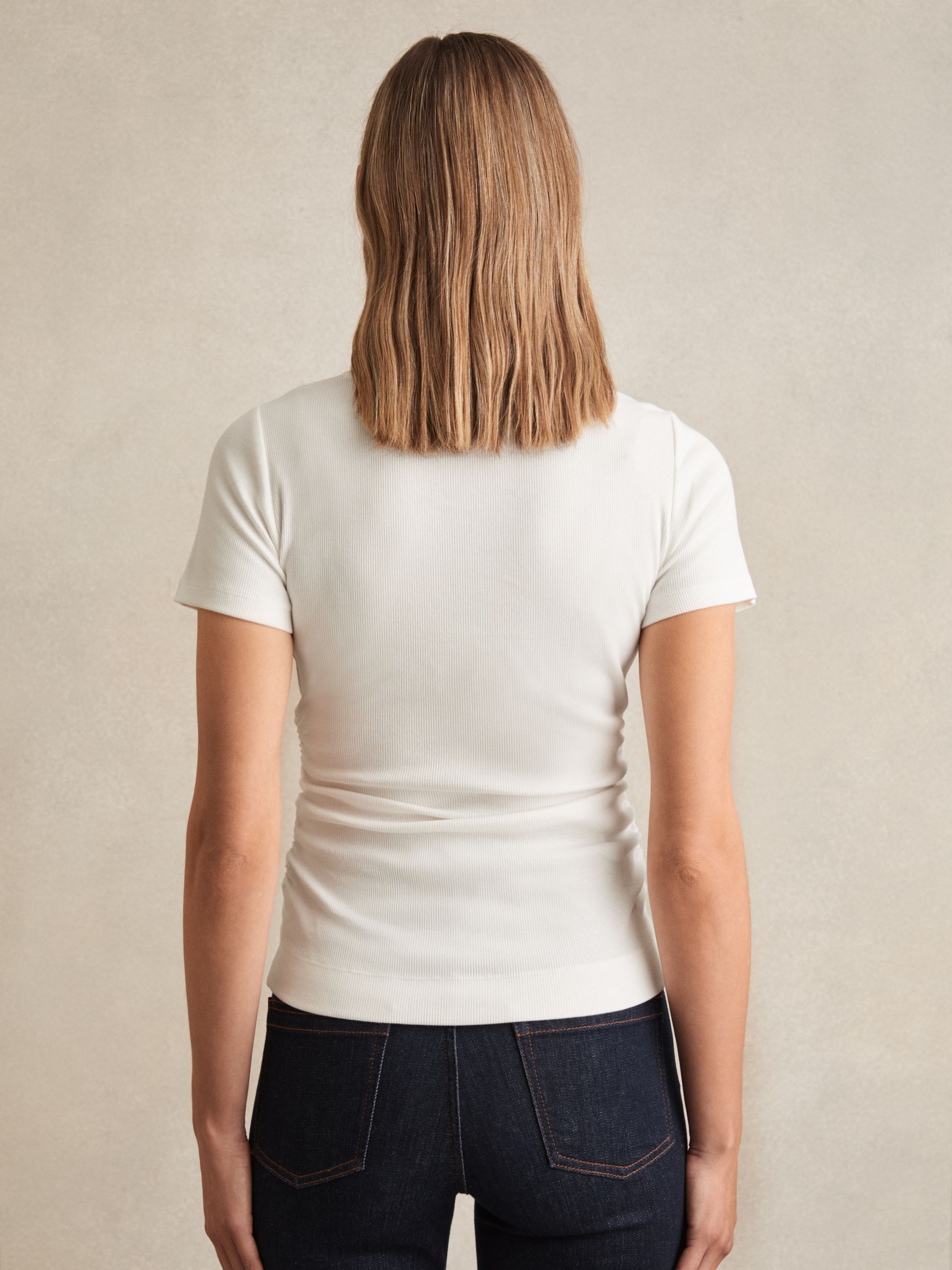 Stretch-Cotton Ruched Ribbed T-Shirt in White
