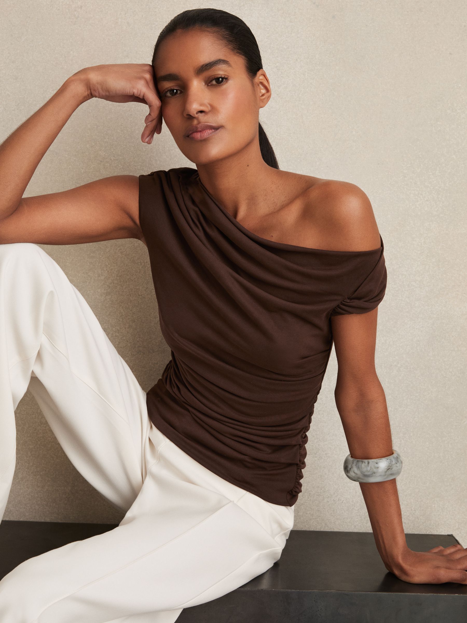 Modal-Blend Ruched Off-Shoulder Top in Chocolate Brown