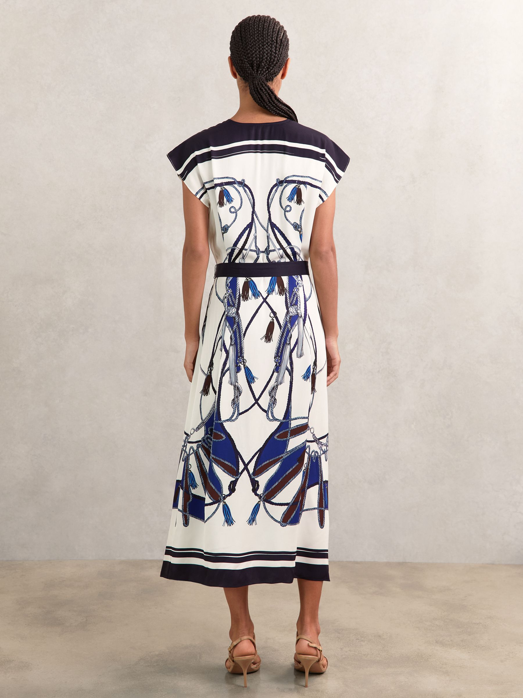 Scarf-Print V-Neck Belted Midi Dress in Blue/Brown