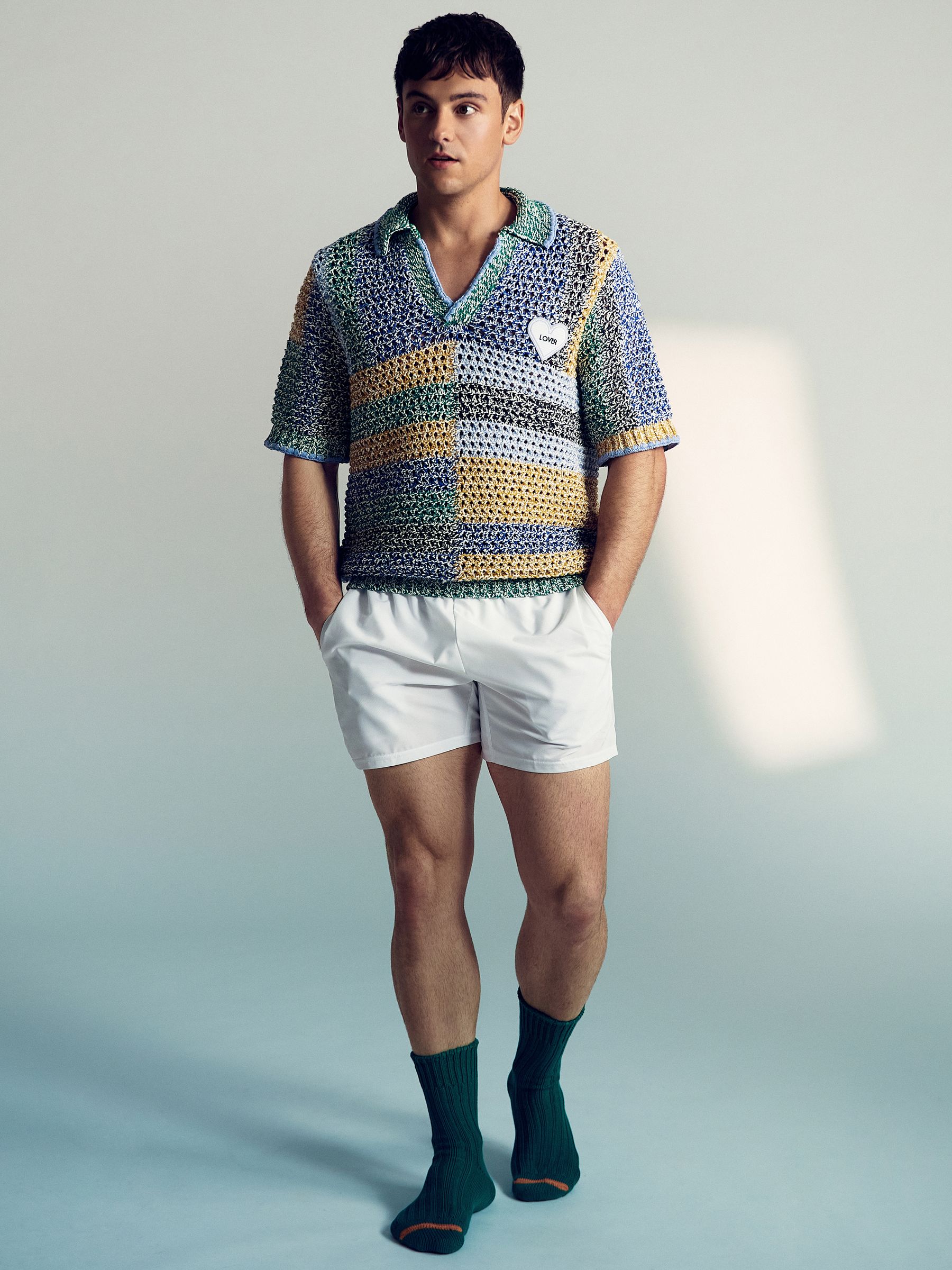Reiss | Tom Daley Crochet Polo Shirt in Yellow/Green/Blue Multi
