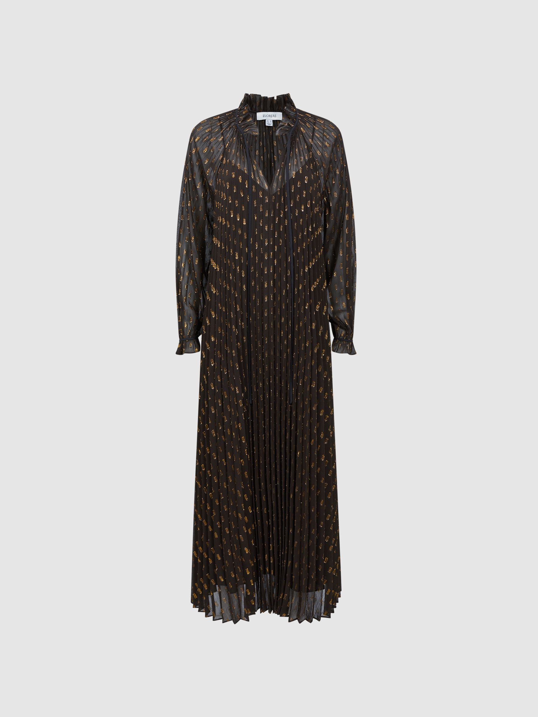 Florere Sheer Metallic Long Sleeve Brown Midi Dress in Brown