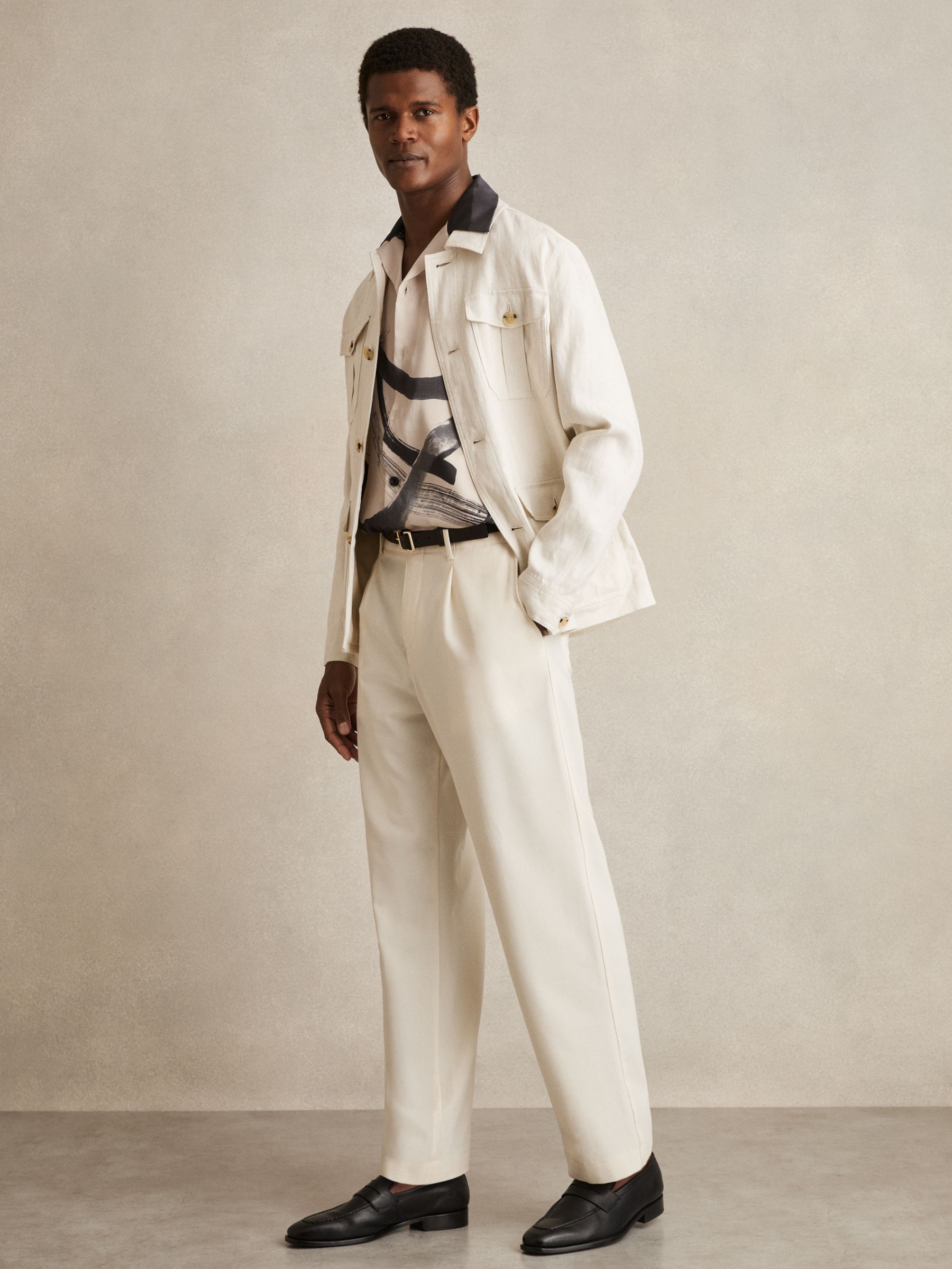 Brushstroke-Print Cuban-Collar Shirt in Charcoal Grey/Off White