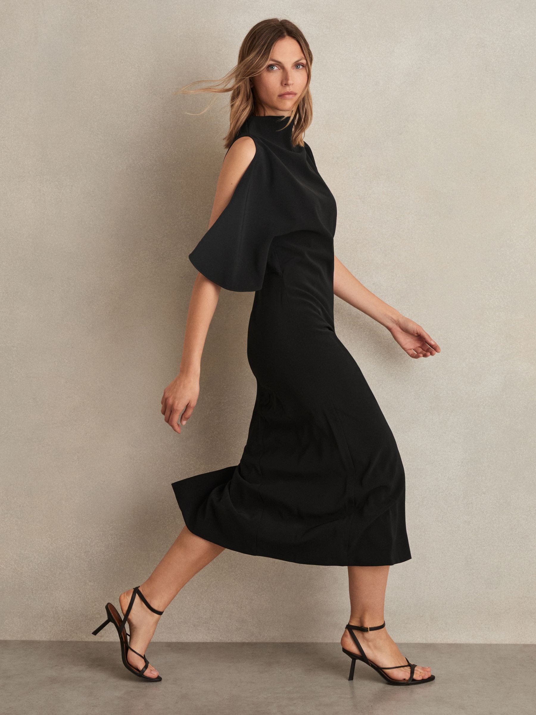 Draped-Front High-Neck Midi Dress in Black
