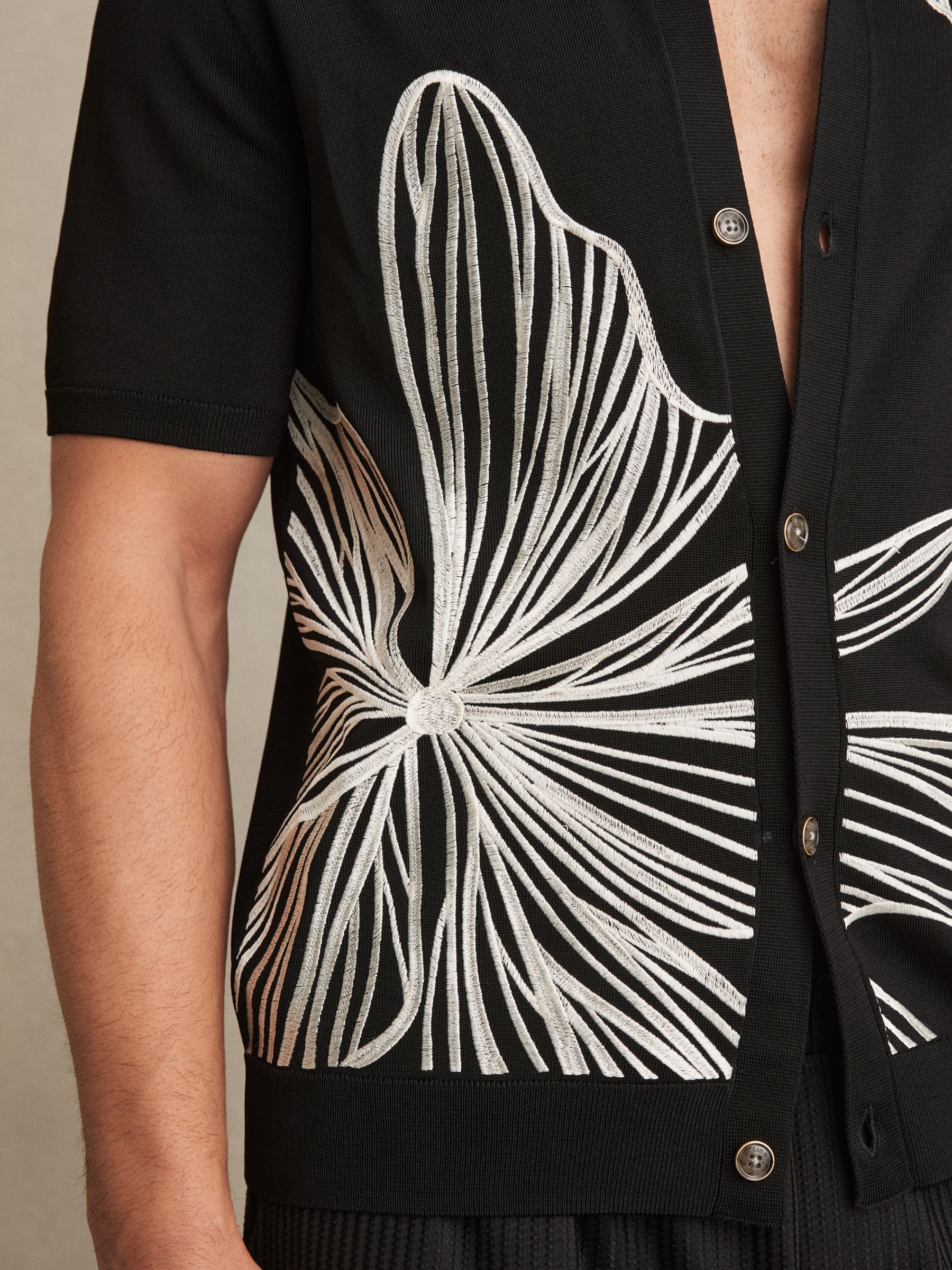 Flower Embroidered Knit Shirt in Black