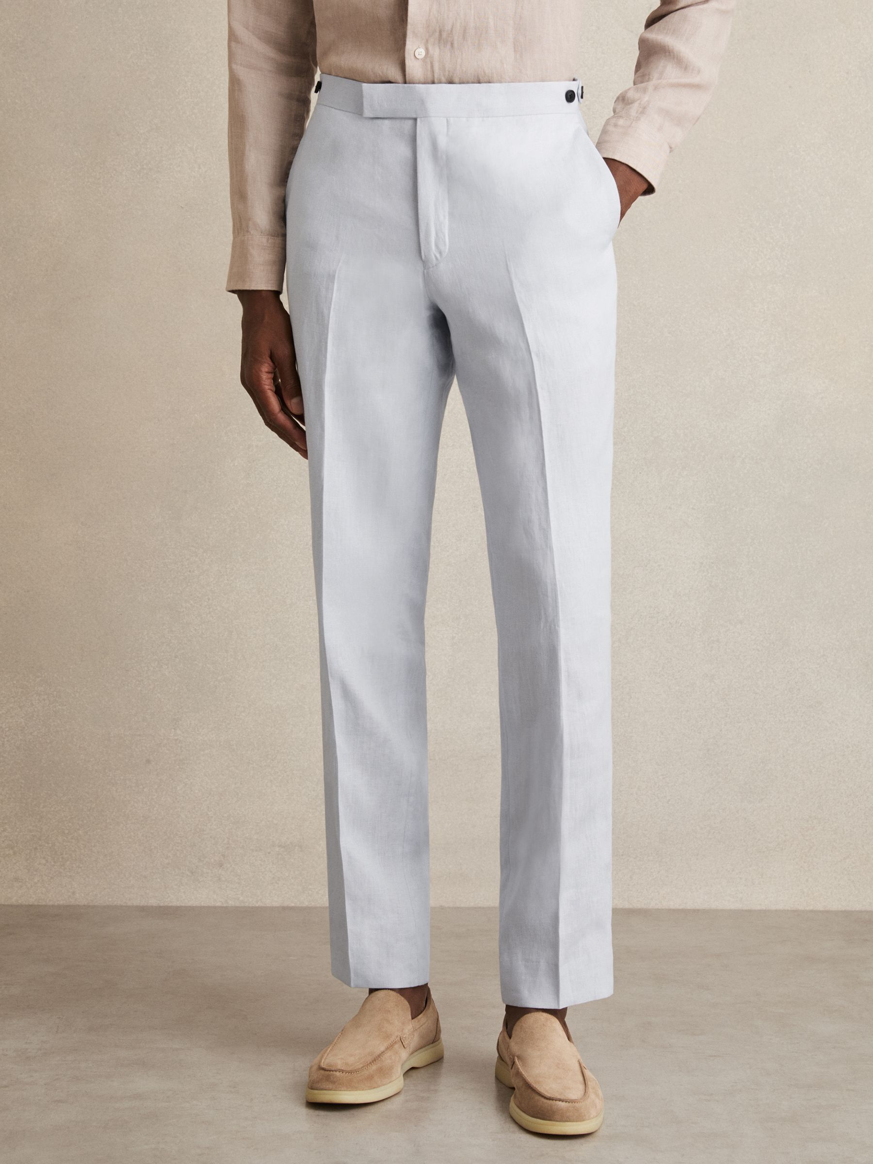Slim Fit Linen Adjuster Trousers in Soft Blue