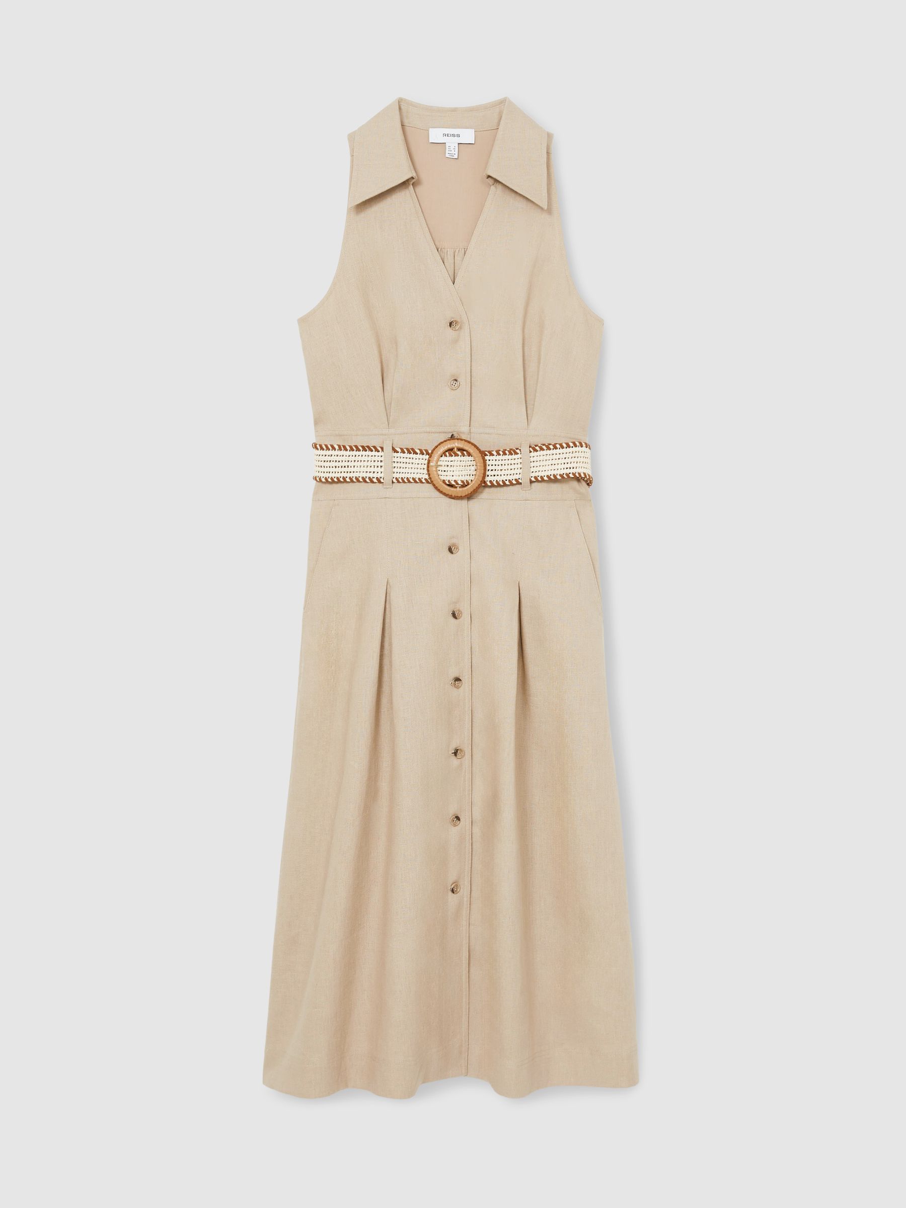Petite Linen Belted Sleeveless Midi Dress in Neutral