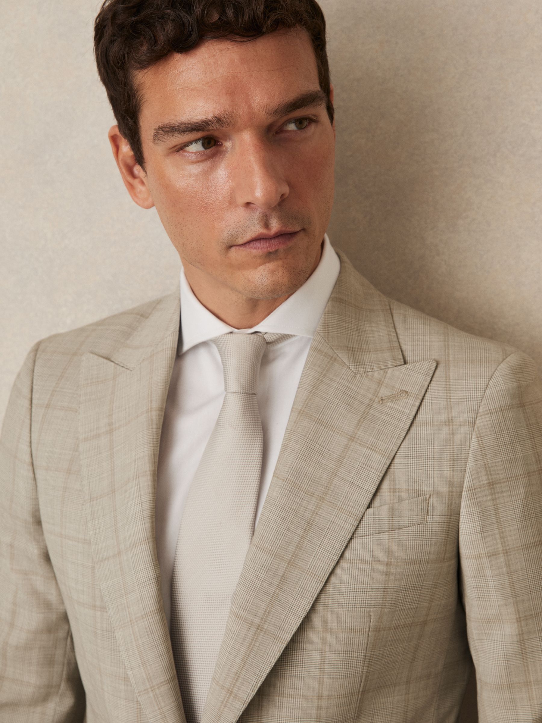 Slim-Fit Single-Breasted Wool Check Suit Blazer in Oatmeal Brown