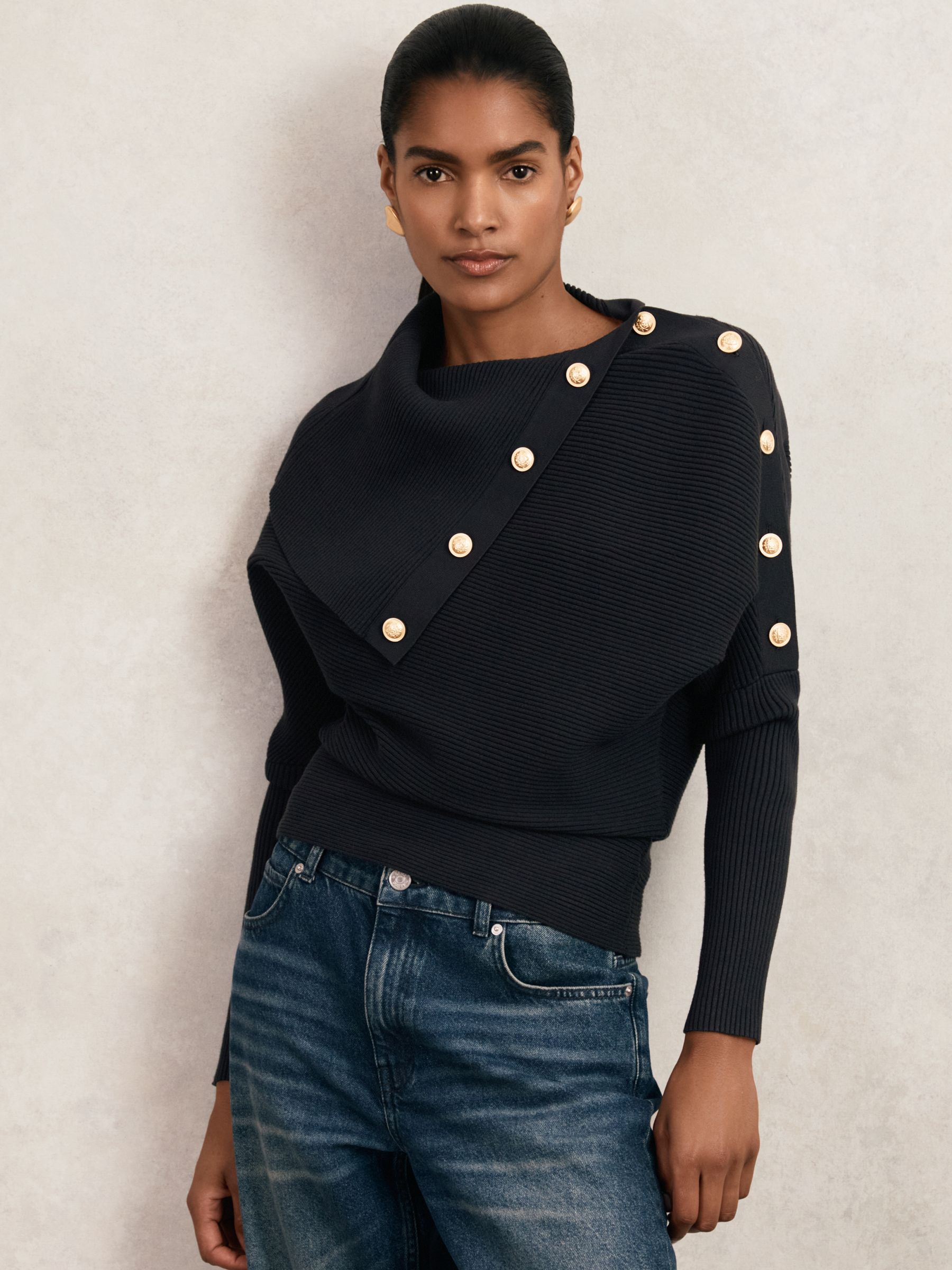 Rib-Knit Button Shawl Jumper in Navy