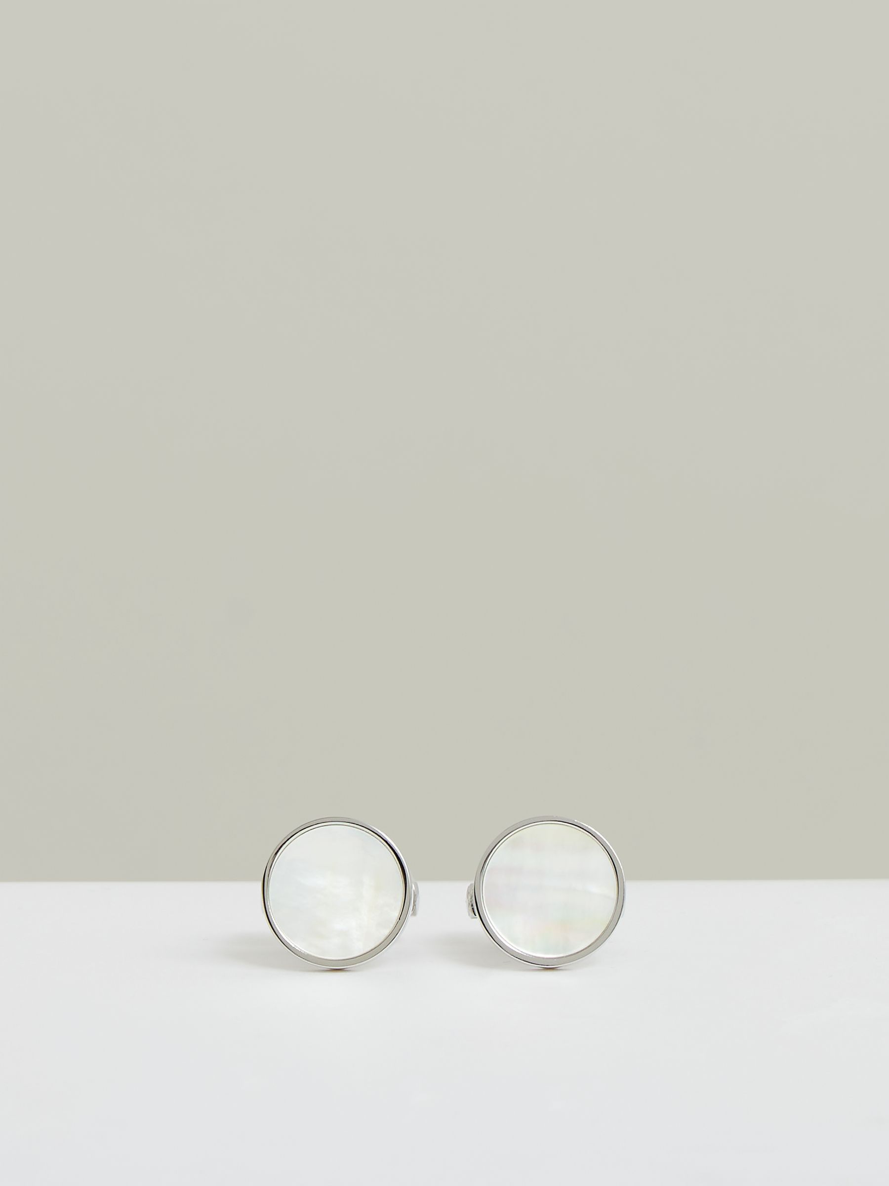 Inlaid Round Cufflinks in Silver Tone /Mop