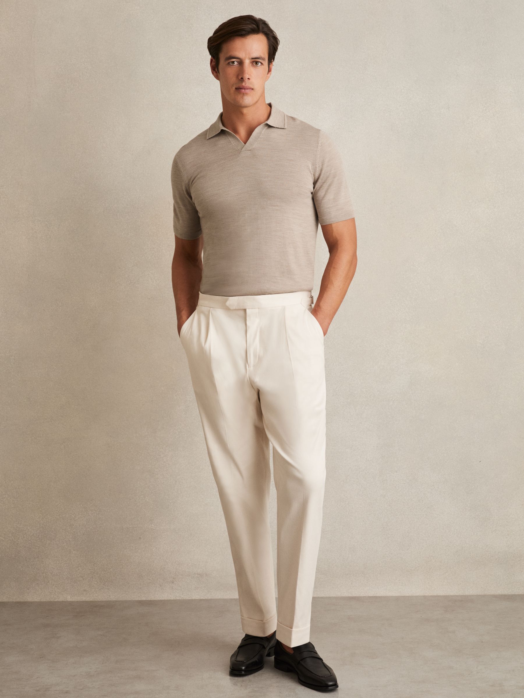 Merino Wool Open-Collar Polo Shirt in Wheat Melange