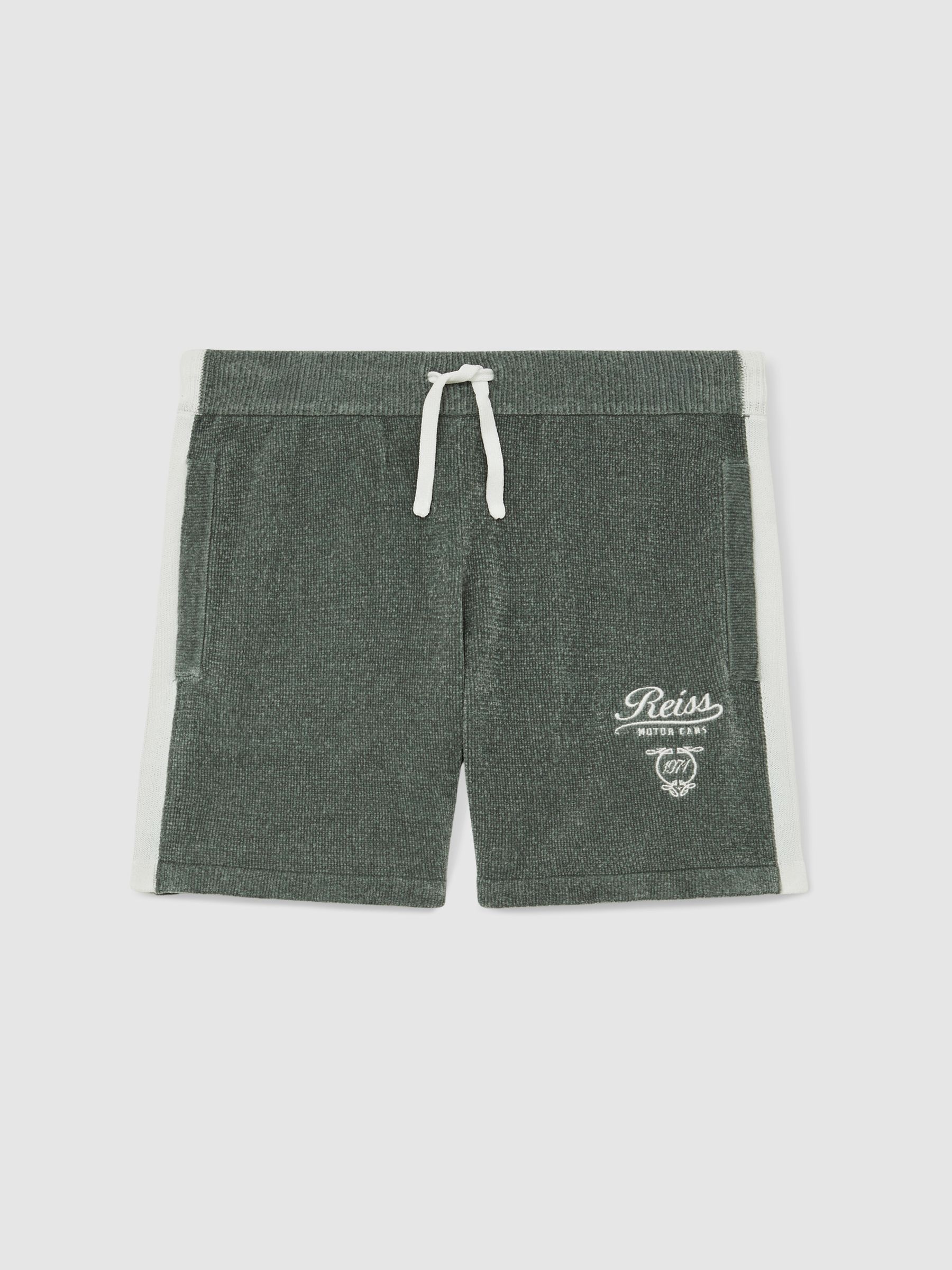 3-9 yrs Chenille Tipped Motor Cars Shorts in Dark Sage Green/White