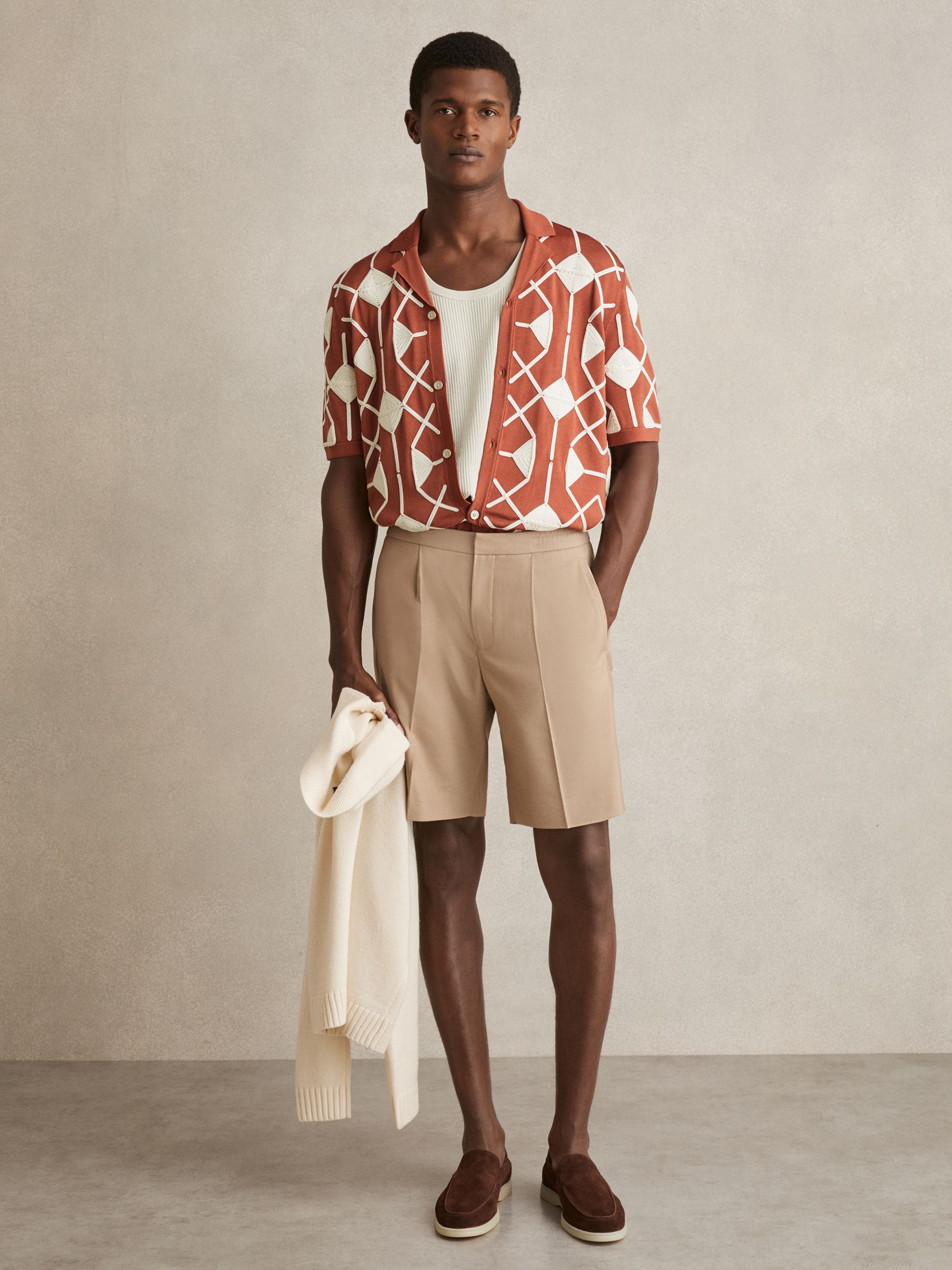 Geometric Embroidery Knit Shirt in Paprika Red