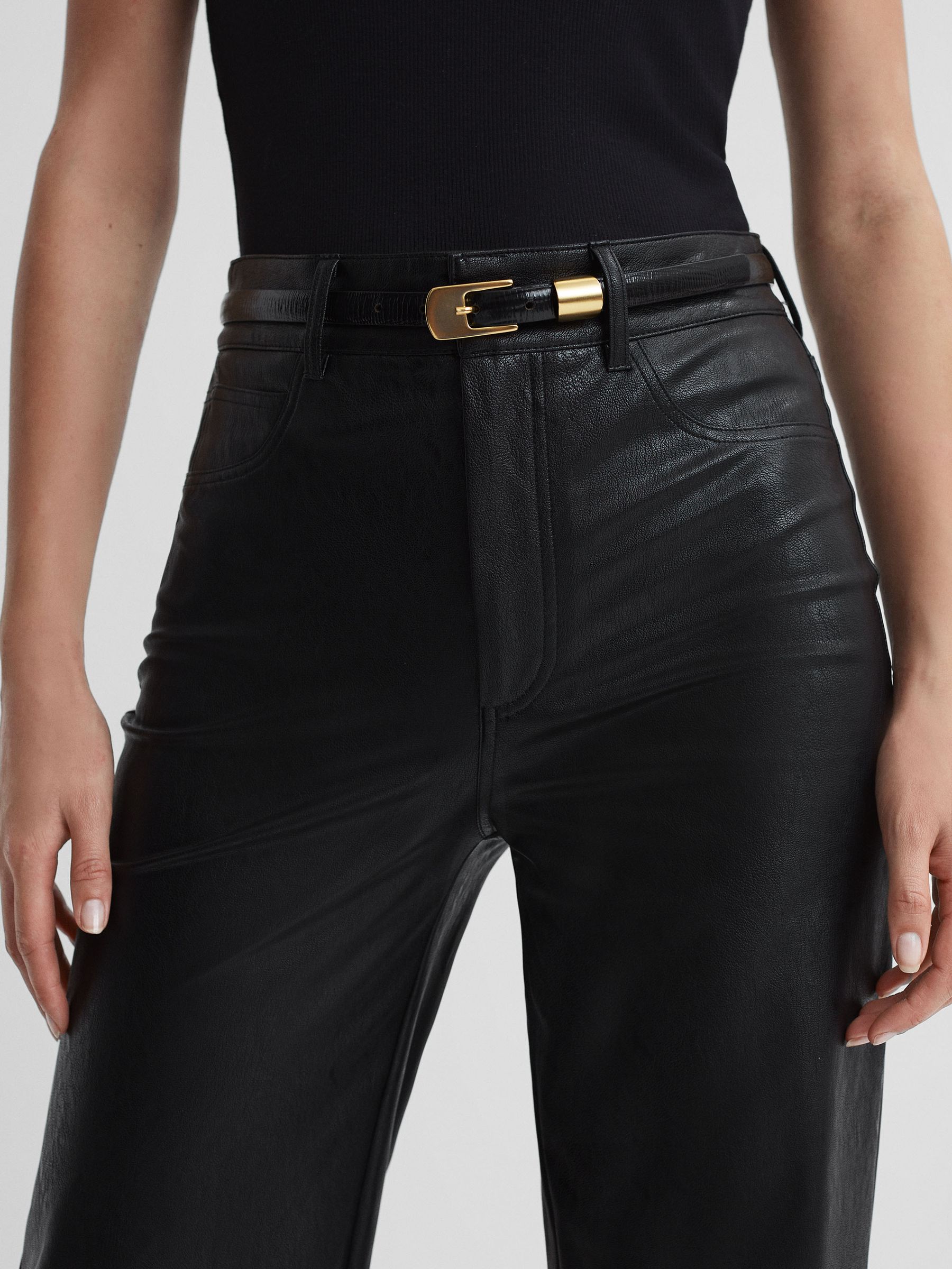 Paige High Rise Leather-Look Wide Leg Jeans in Black