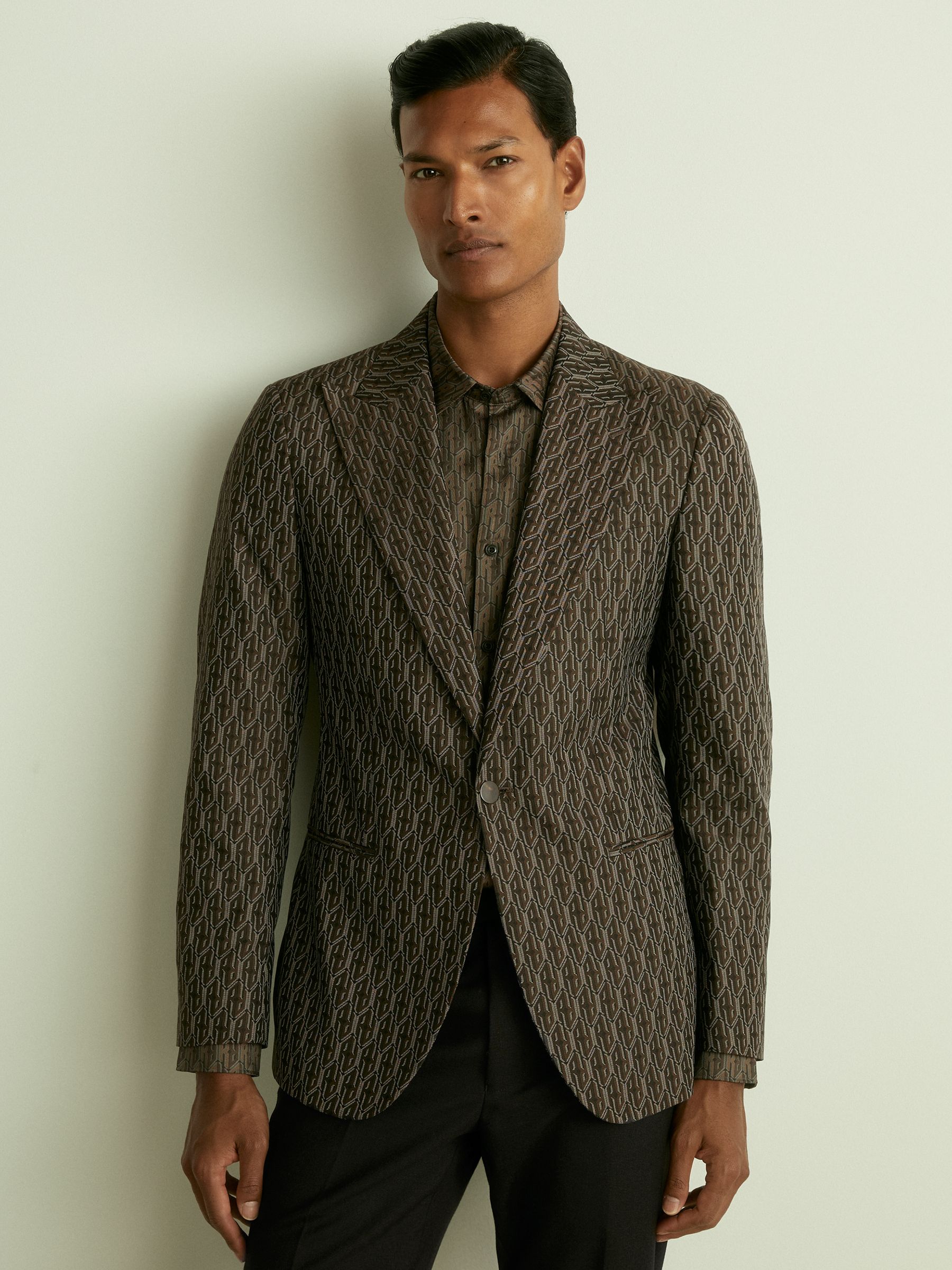 Monogram-Jacquard Twill Blazer in Chocolate Brown