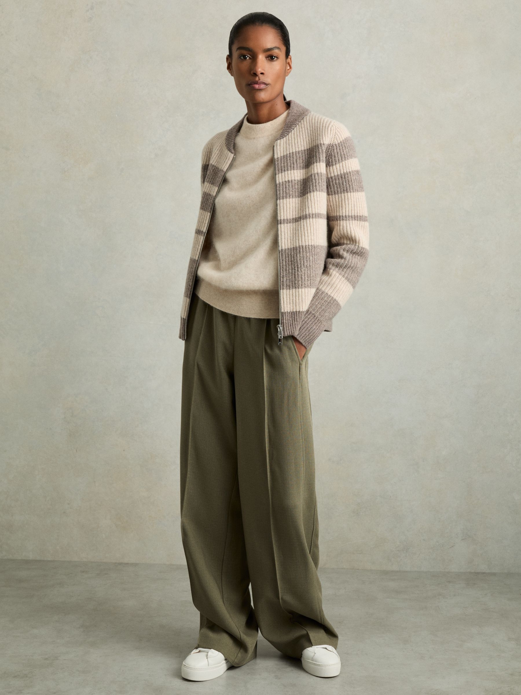 Wool Stripe Zip-Through Cardigan in Neutral/Brown