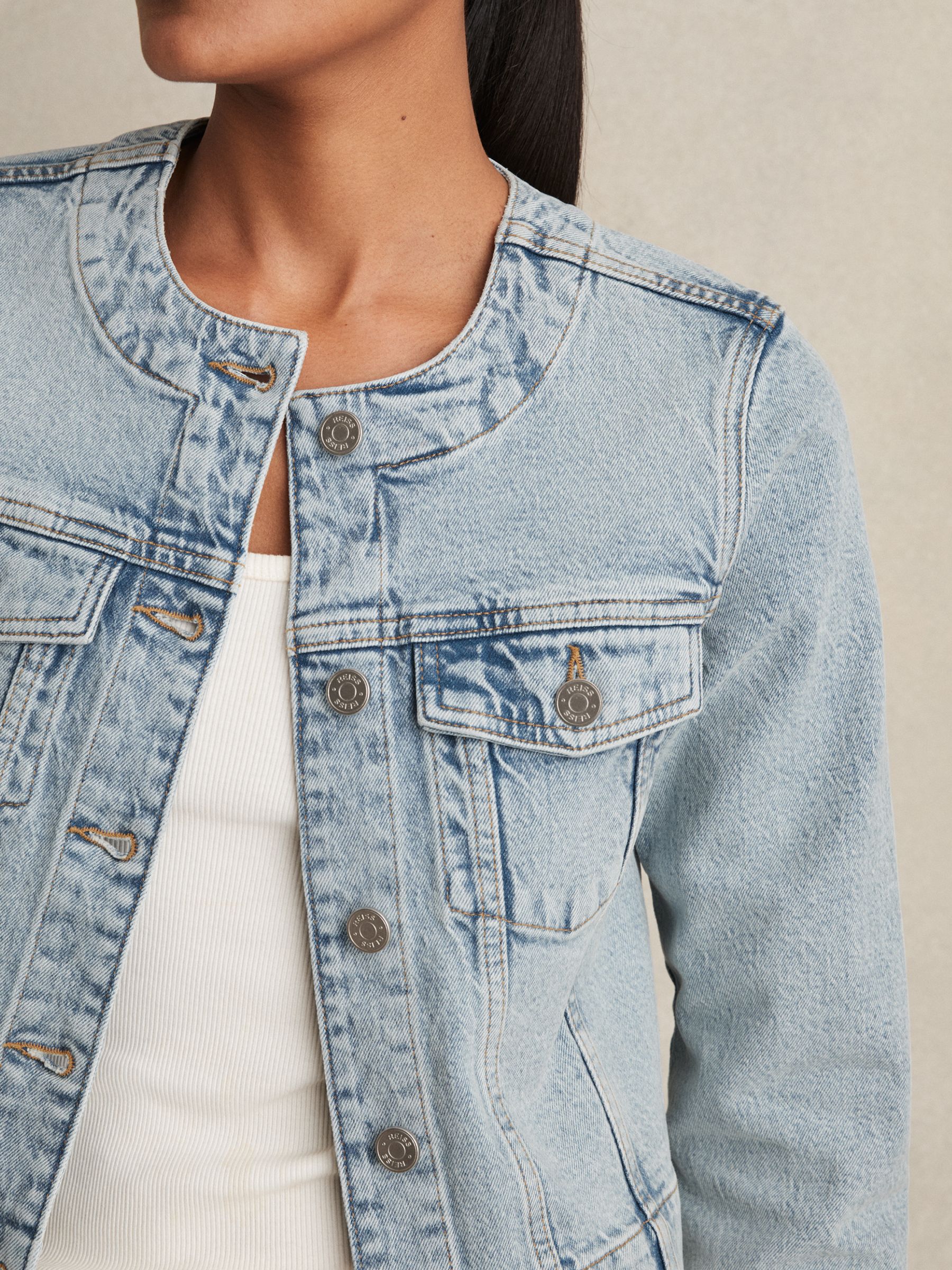 Collarless Cropped Denim Jacket in Light Blue
