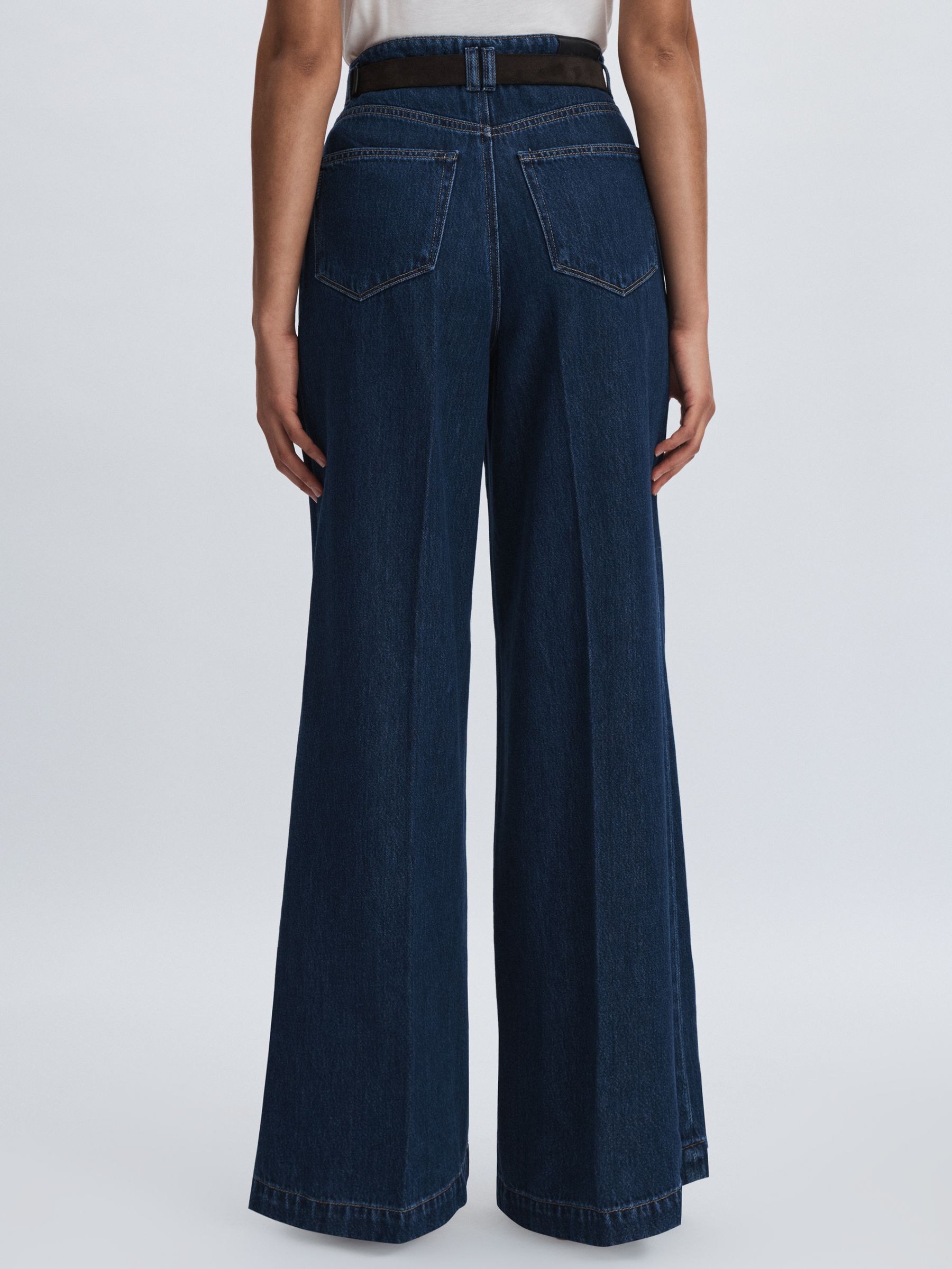 Paige Double Waistband Wide-Leg Jeans in Navy Blue