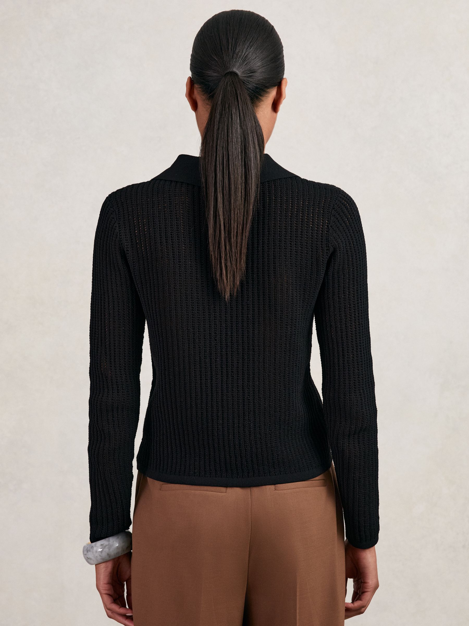Open-Knit Long-Sleeve Polo Top in Black