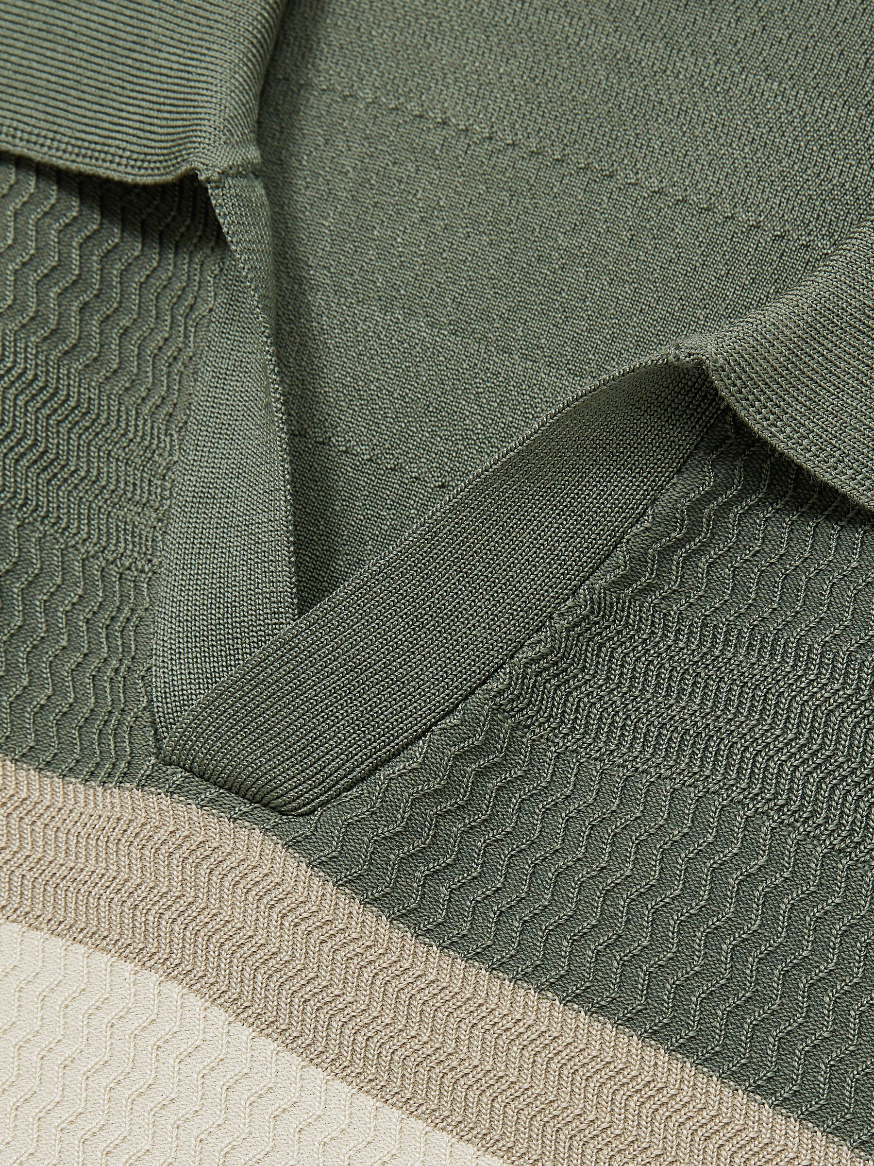 Textured Knit Stripe Polo Shirt in Sage Green