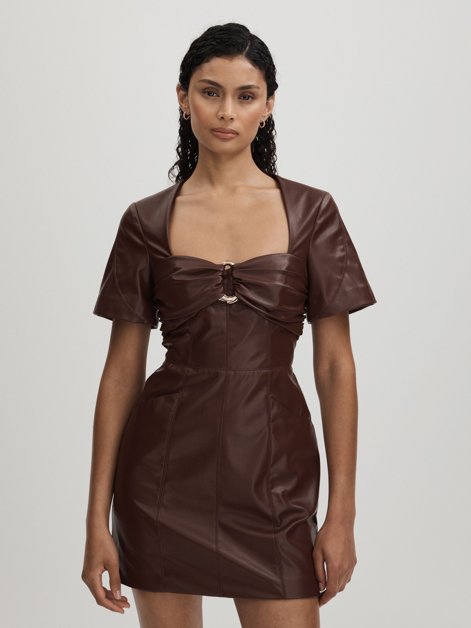 Amur Faux Leather Mini Dress in Chocolate Brown