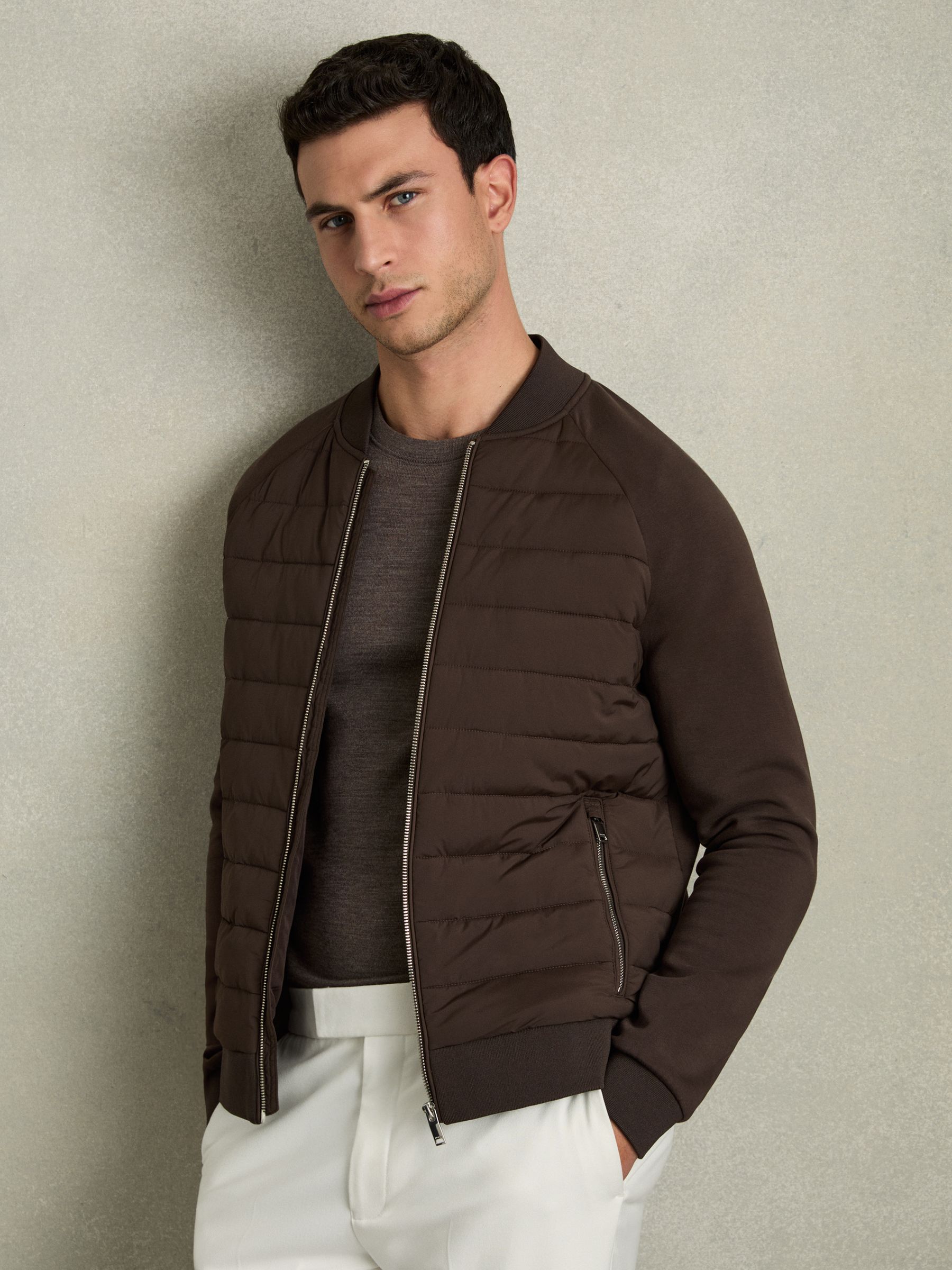 Hybrid Quilt Raglan-Sleeve Bomber Jacket in Dark Chocolate