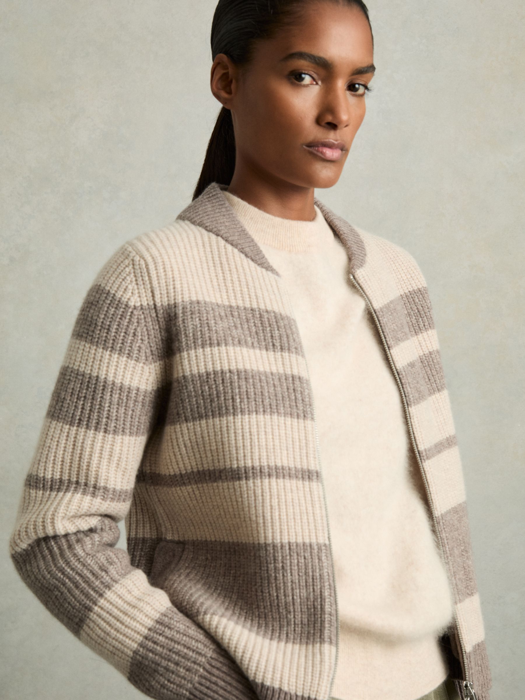 Wool Stripe Zip-Through Cardigan in Neutral/Brown