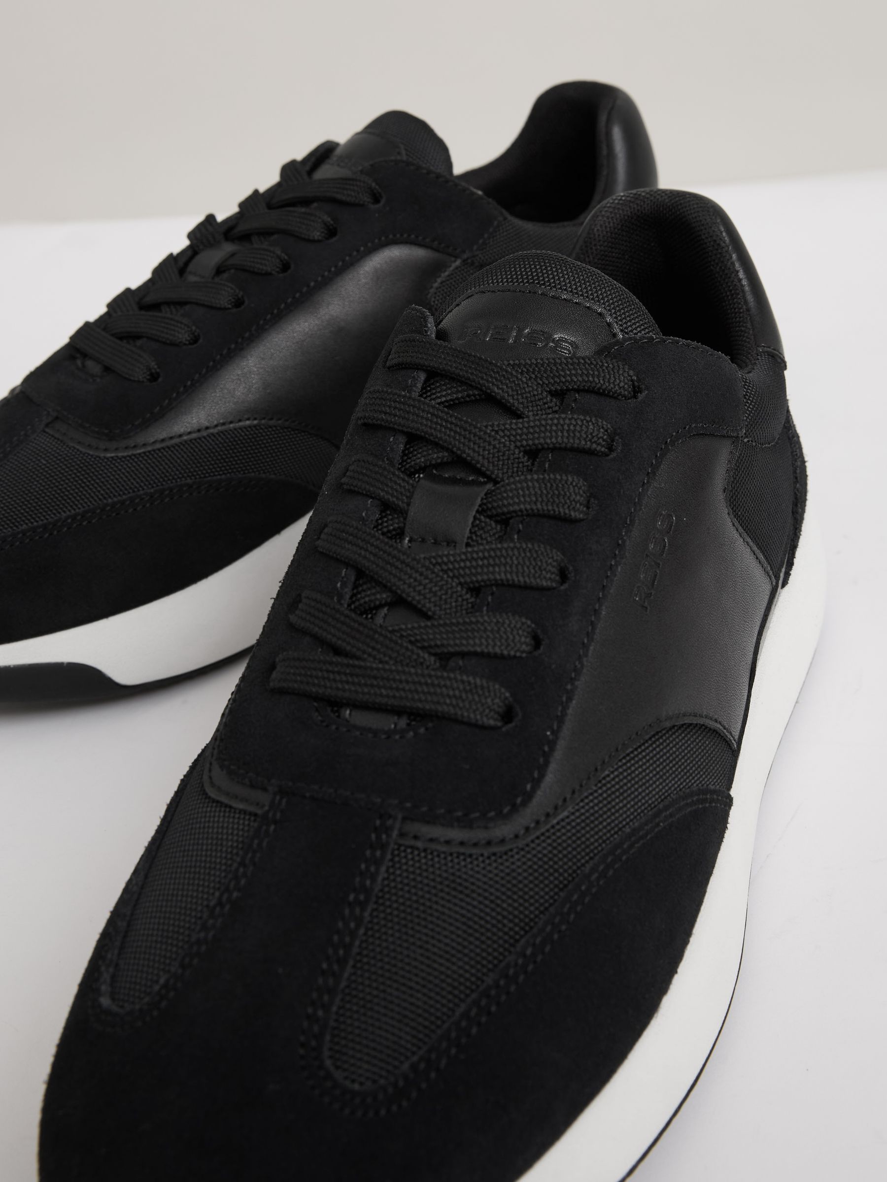 Leather Suede Running Trainers in Black/White