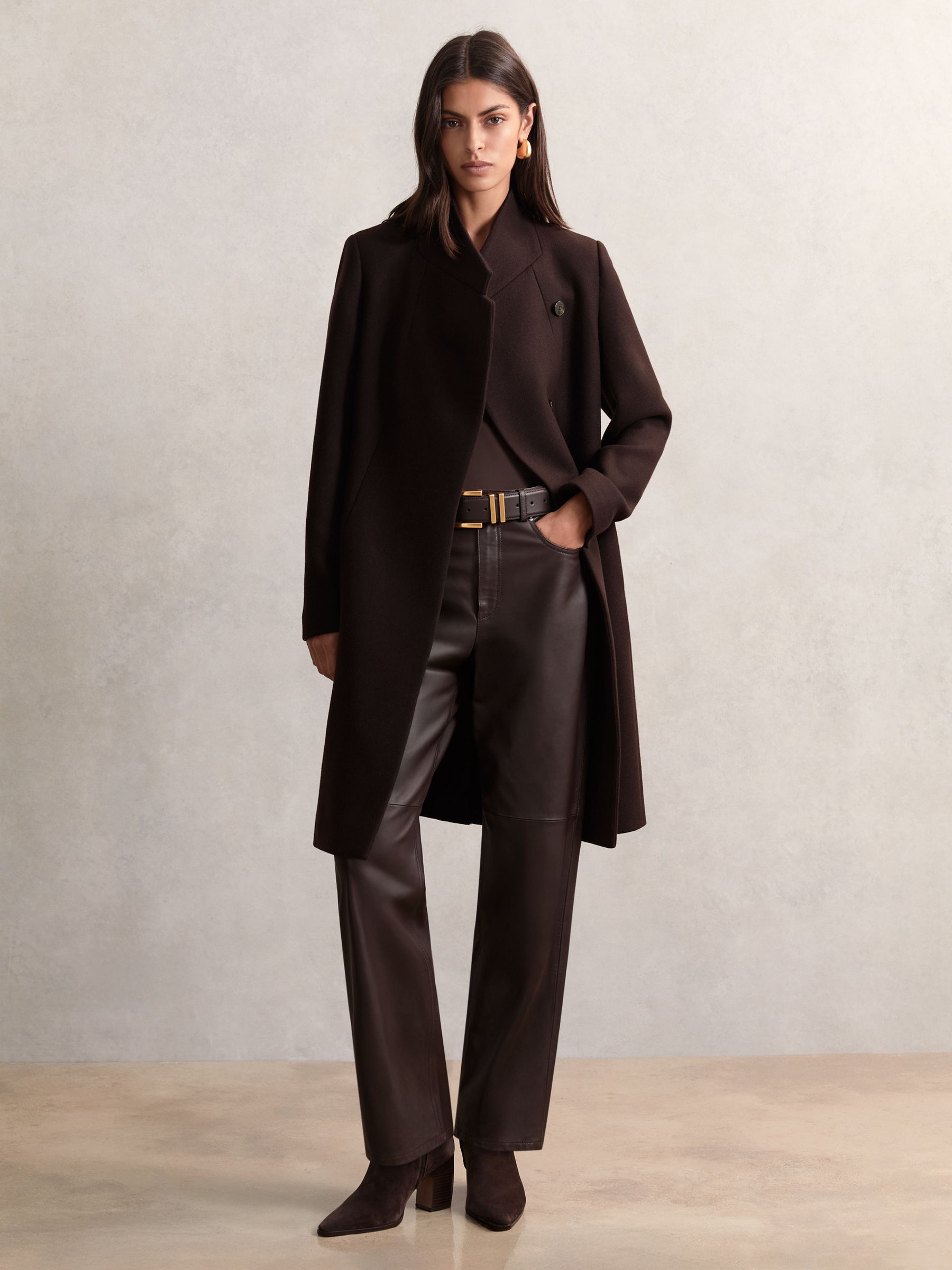 Petite Wool-Blend Wrapover Mid-Length Coat in Chocolate Brown