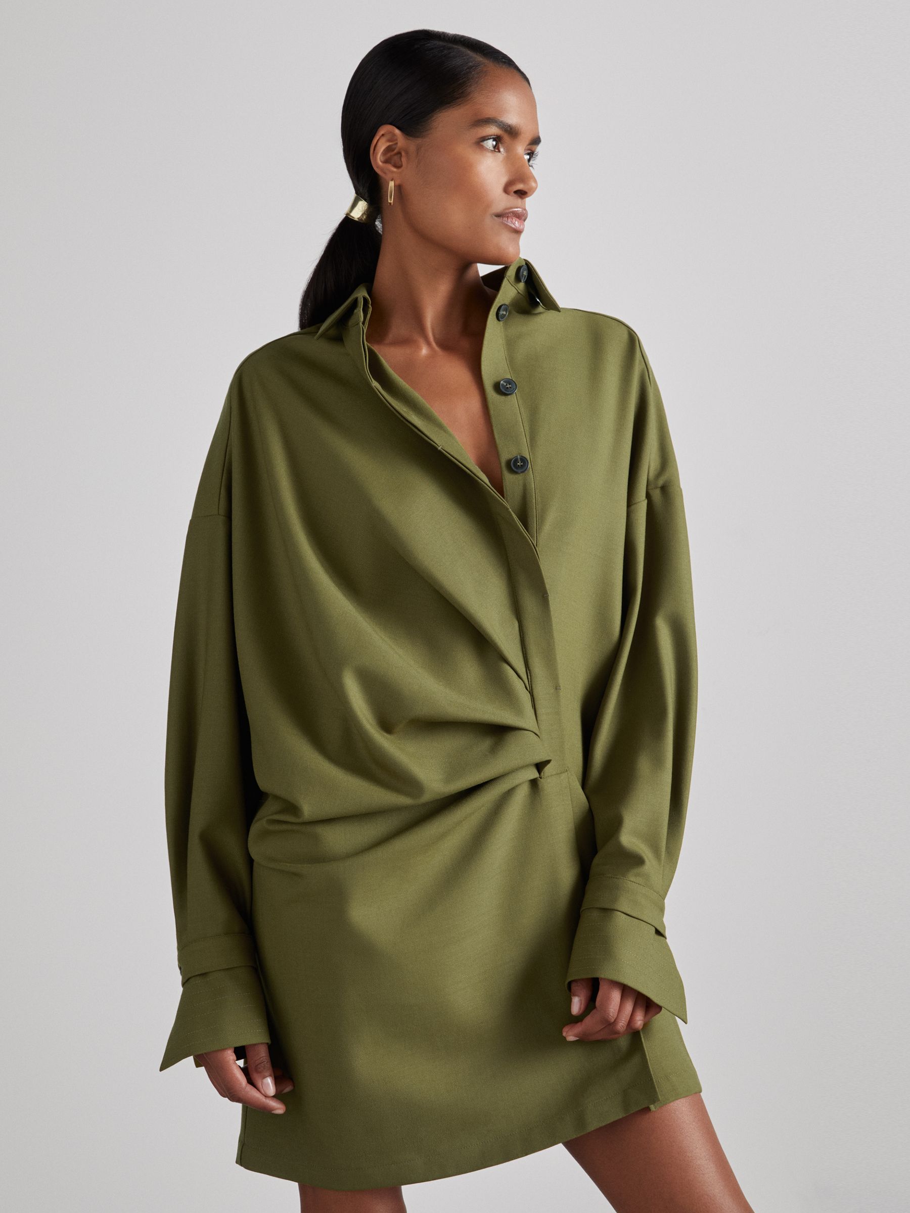Atelier Draped Shirt Dress with Wool in Khaki
