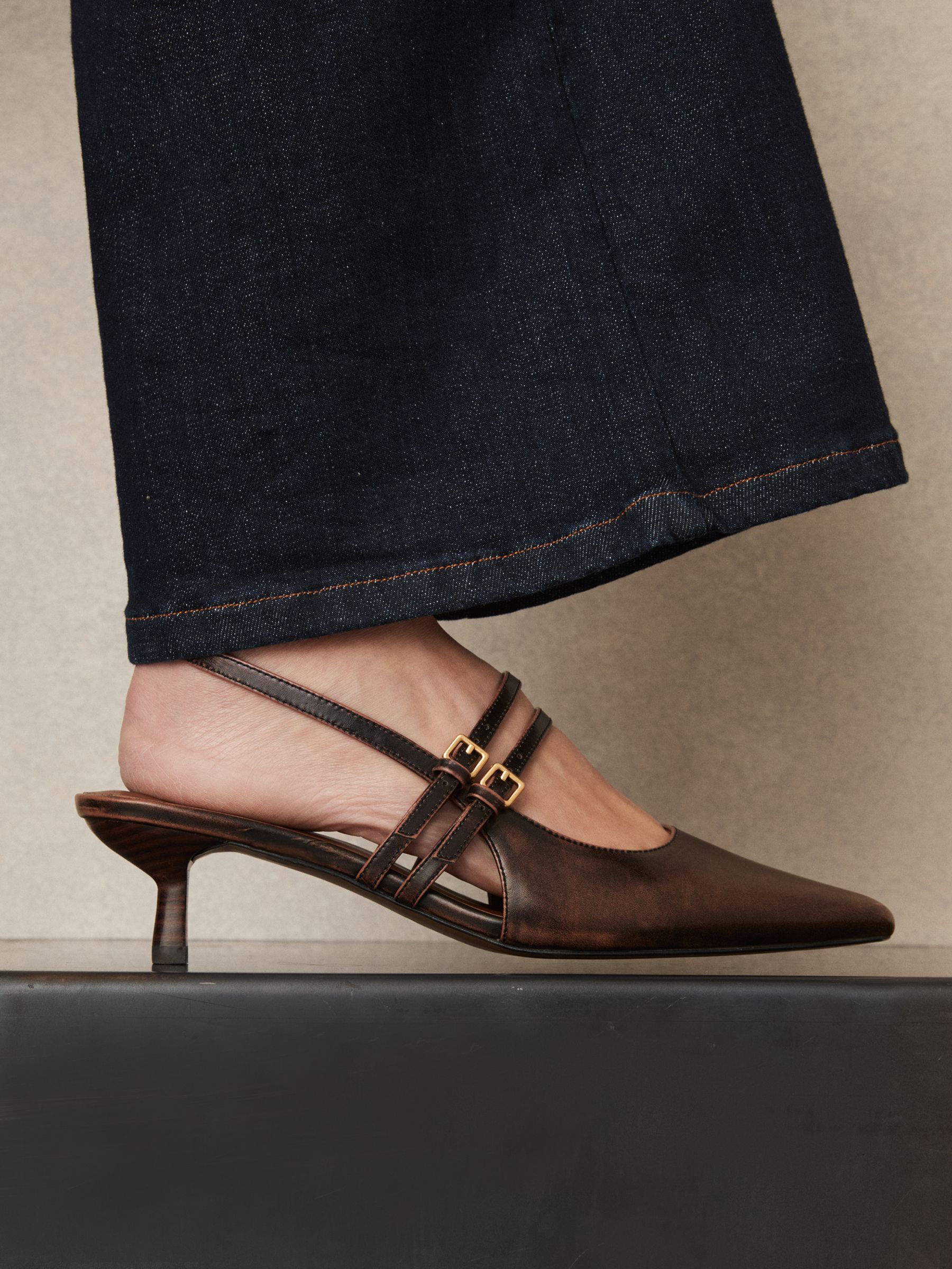 Leather Slingback Buckle Court Shoes in Chocolate