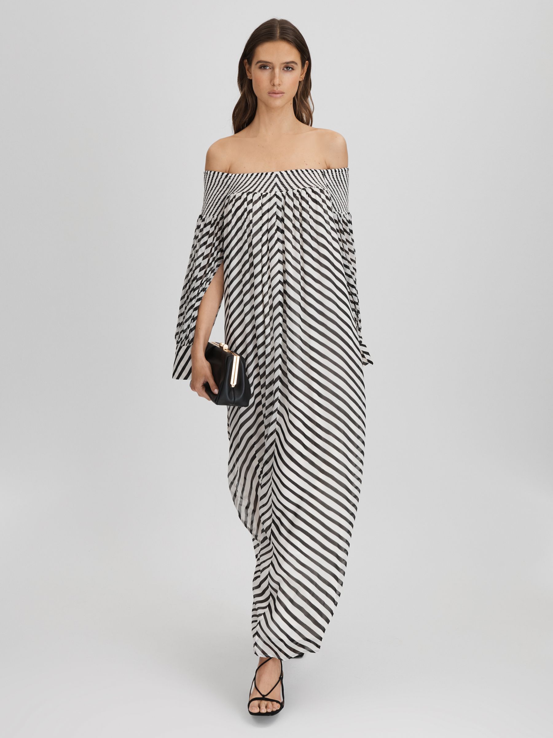 Striped Bardot Maxi Dress in Black/Cream