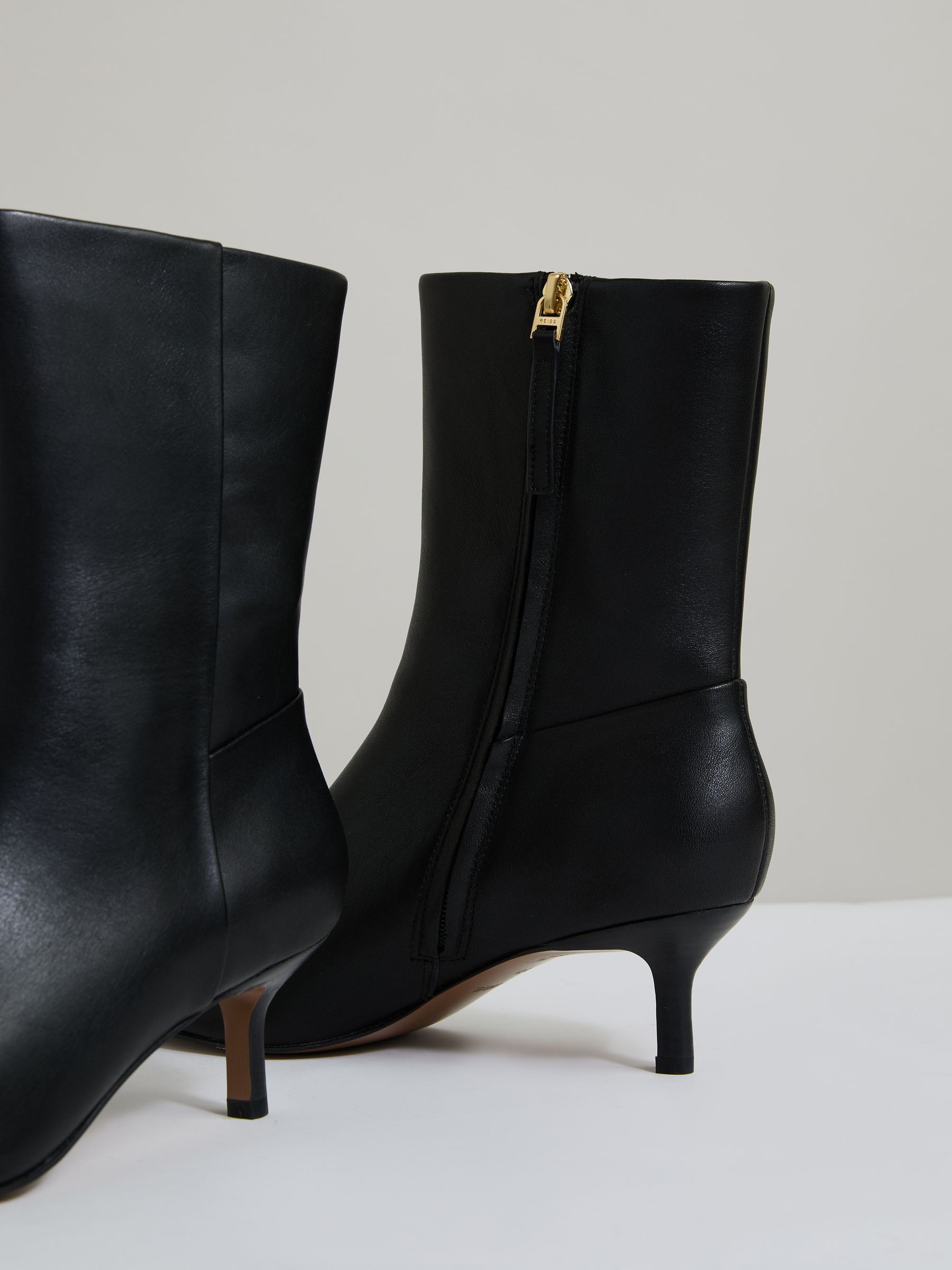Leather Kitten-Heel Ankle Boots in Black