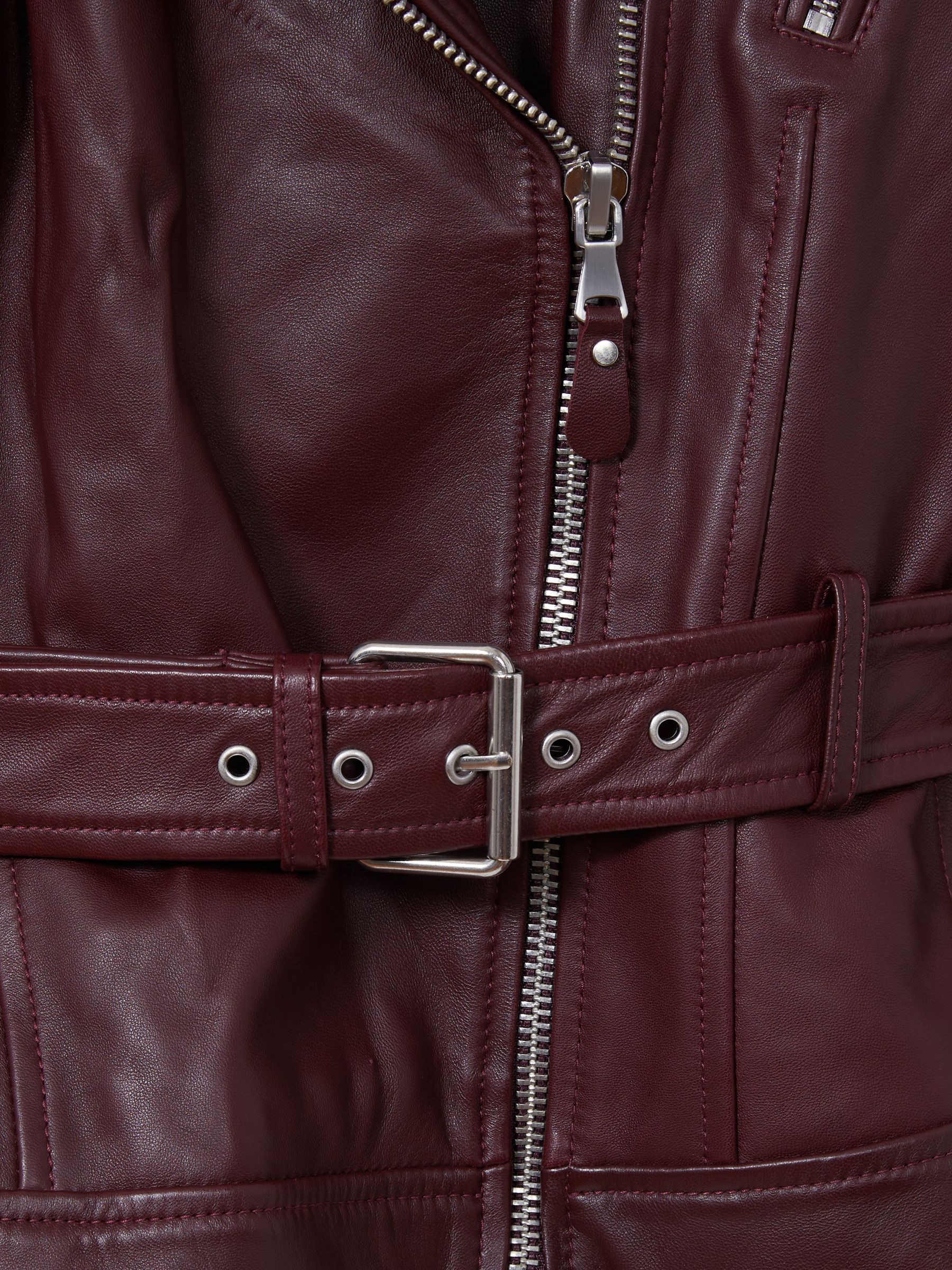 Paige Leather Belted Moto Jacket in Dark Oxblood