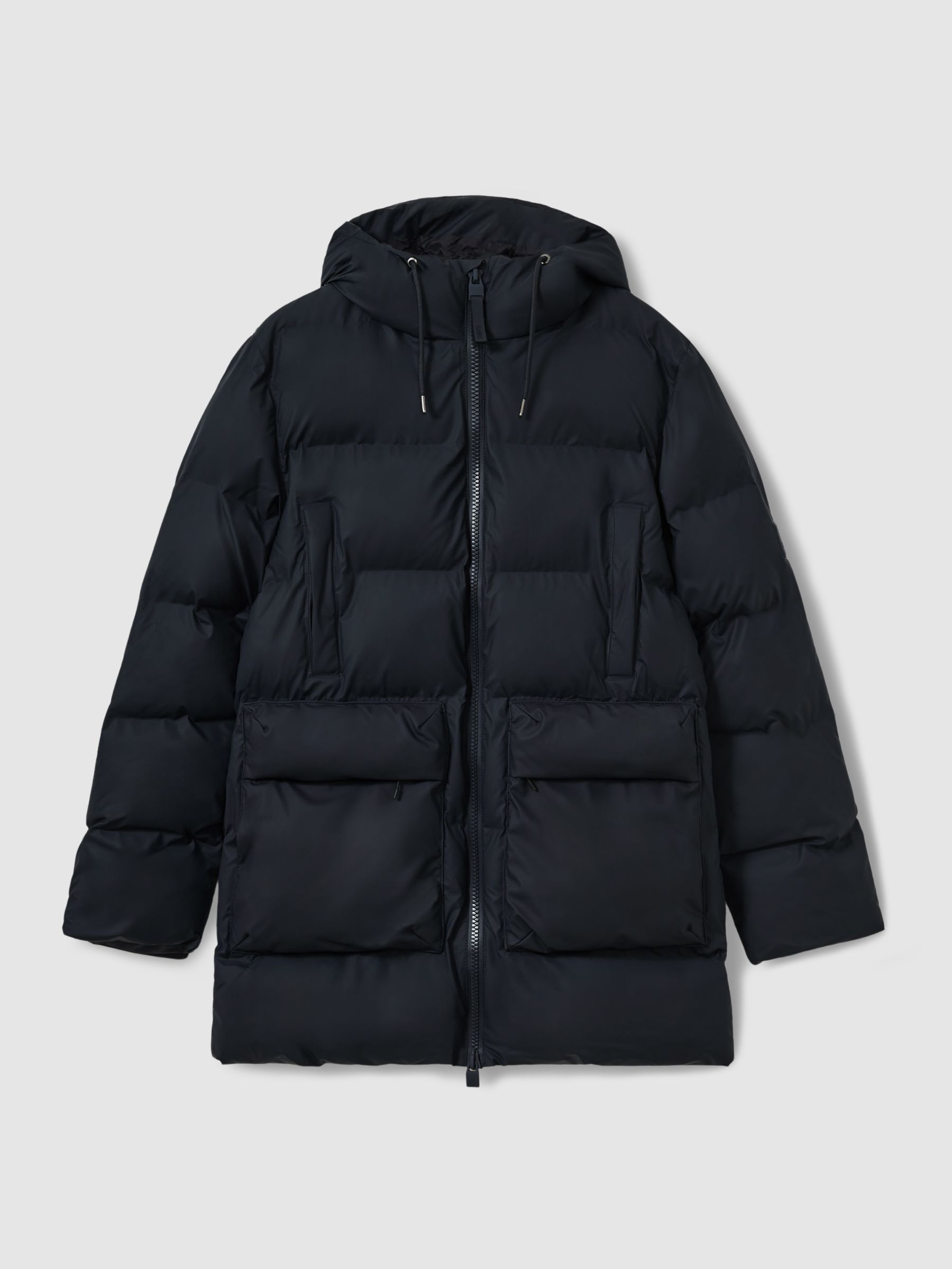 Rains Long Puffer Cargo Jacket in Navy Blue