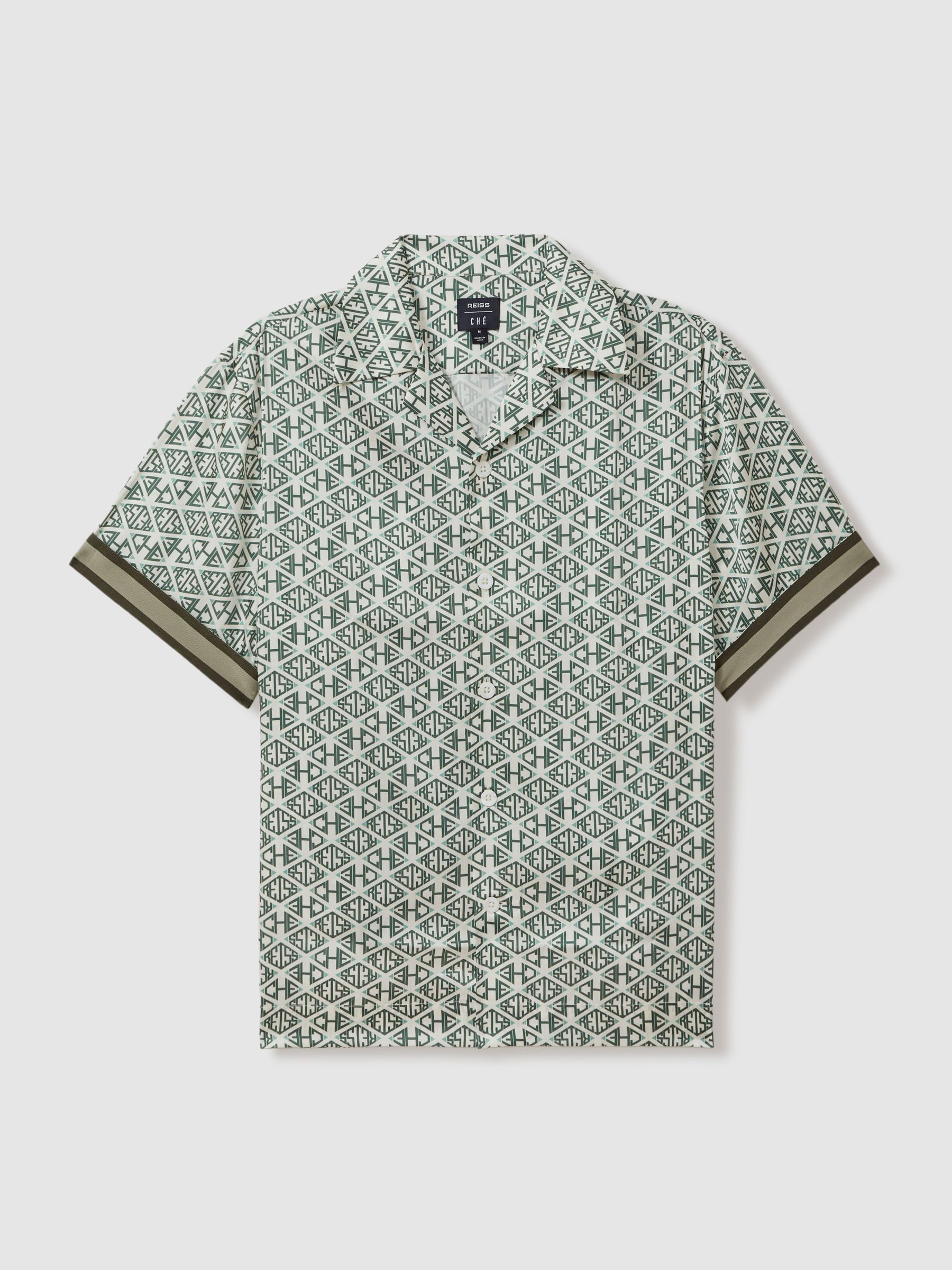 Reiss | Ché Monogram Print Cuff Detail Cuban Collar Shirt in Ivory/Sage