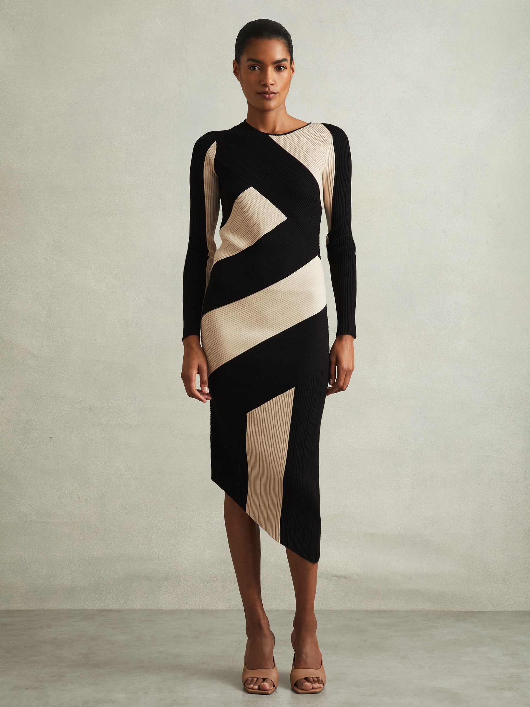 Knitted Colourblock Asymmetric Midi Dress in Black/Camel
