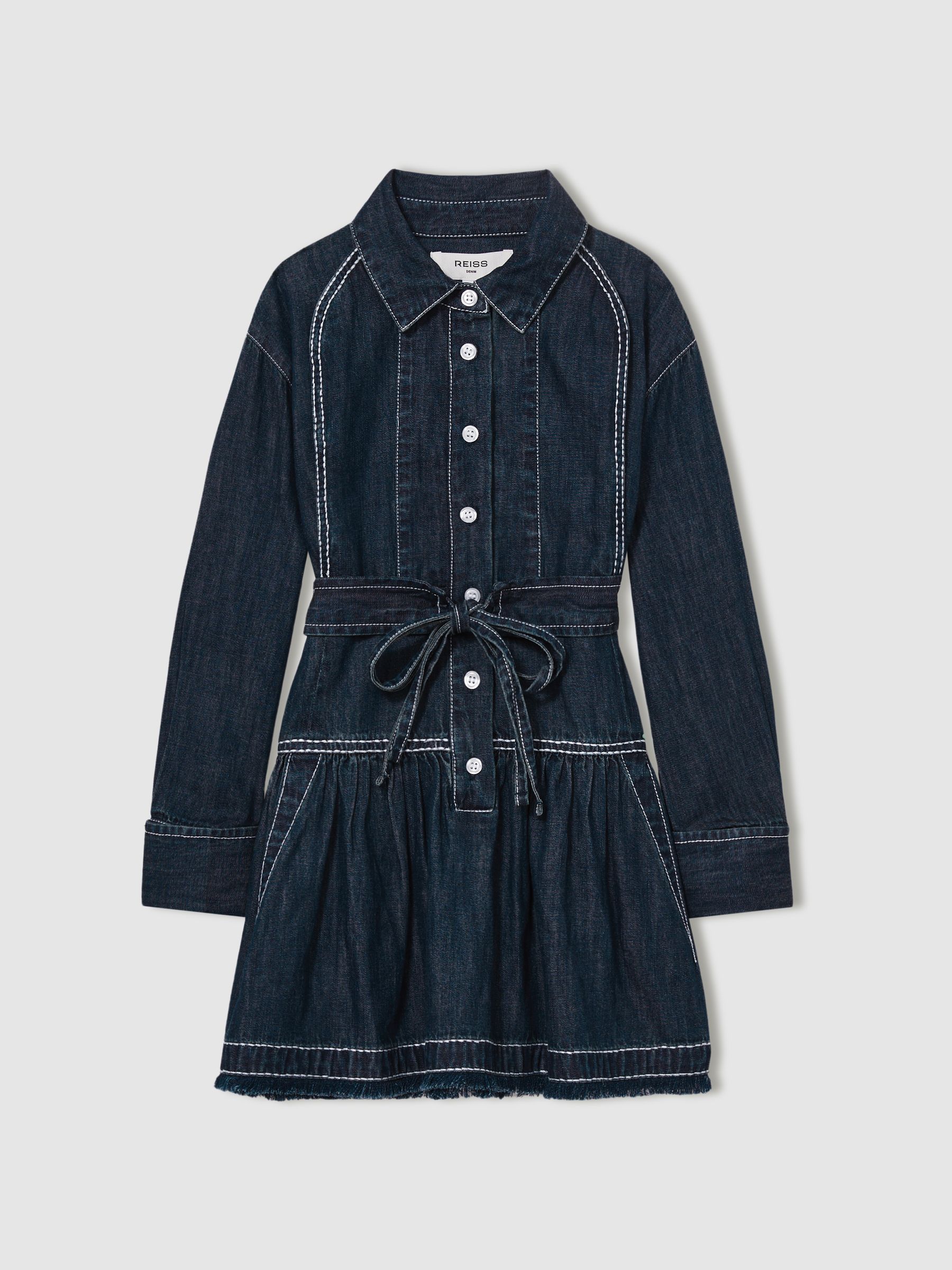 13-14 yrs Chambray Contrast-Stitch Flippy Dress in Blue