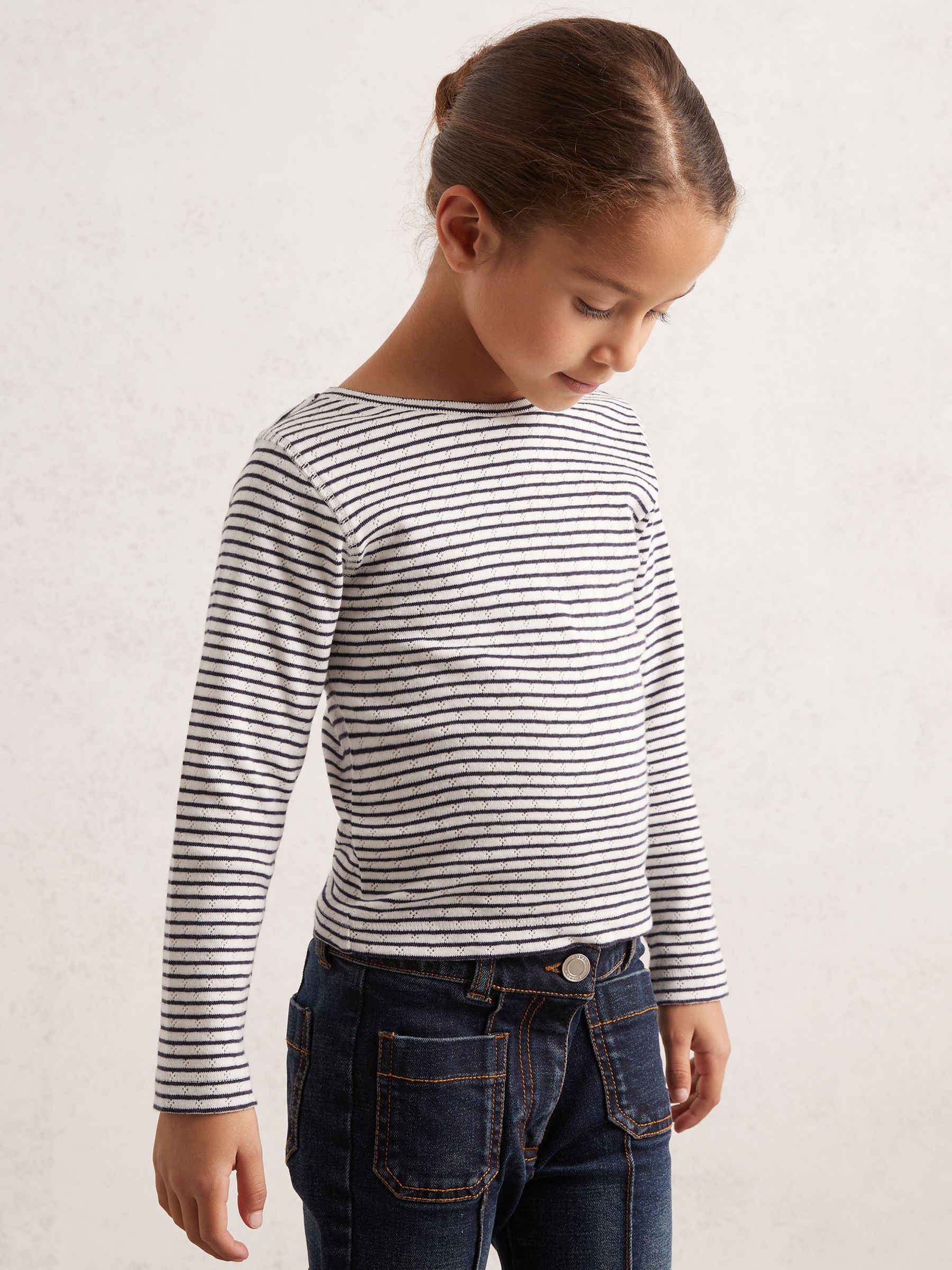 13-14 yrs Cotton Pointelle Long Sleeve Top in Navy/White