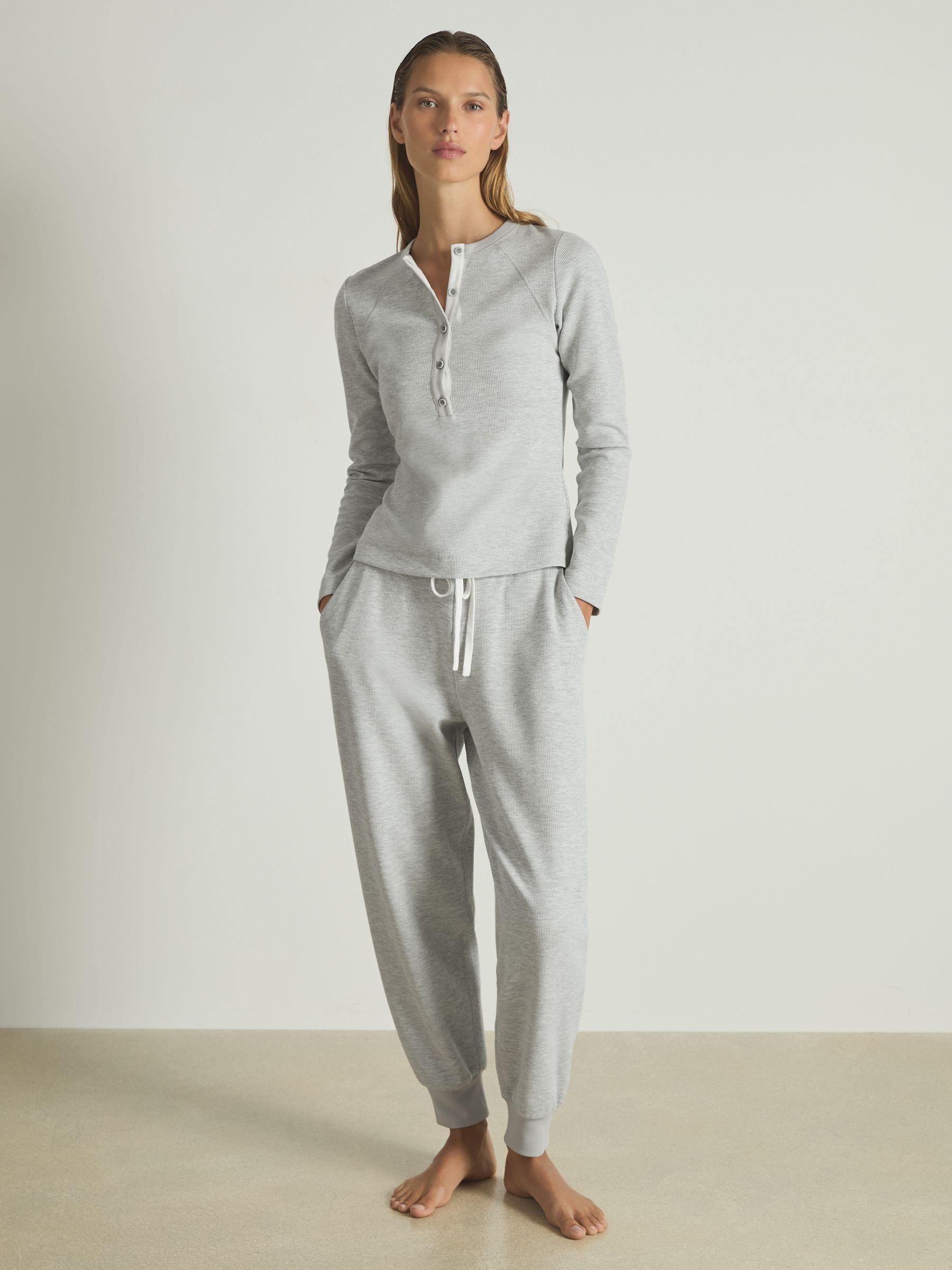 Waffle Jersey Henley Top with Cotton in Grey Marl