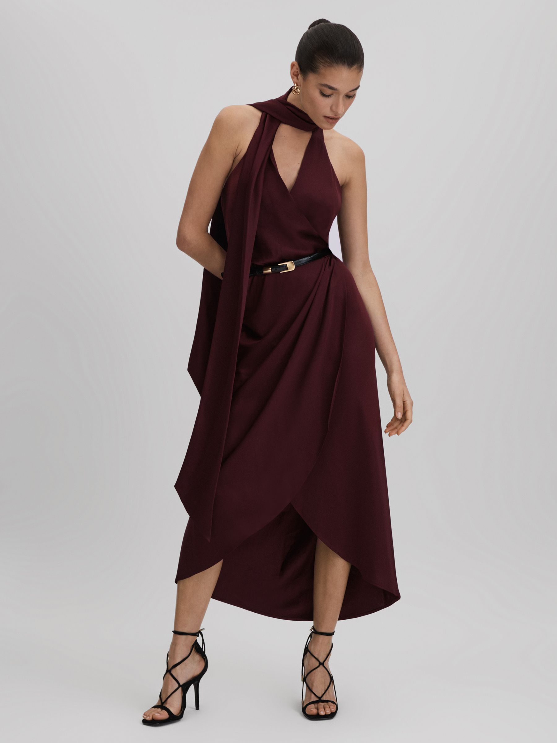 Satin Wrap Front Midi Dress in Burgundy