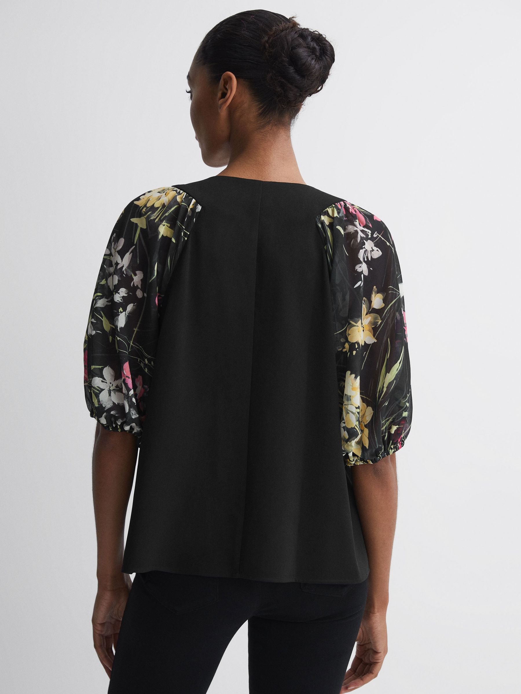 Florere Floral Puff Sleeve Top in Black