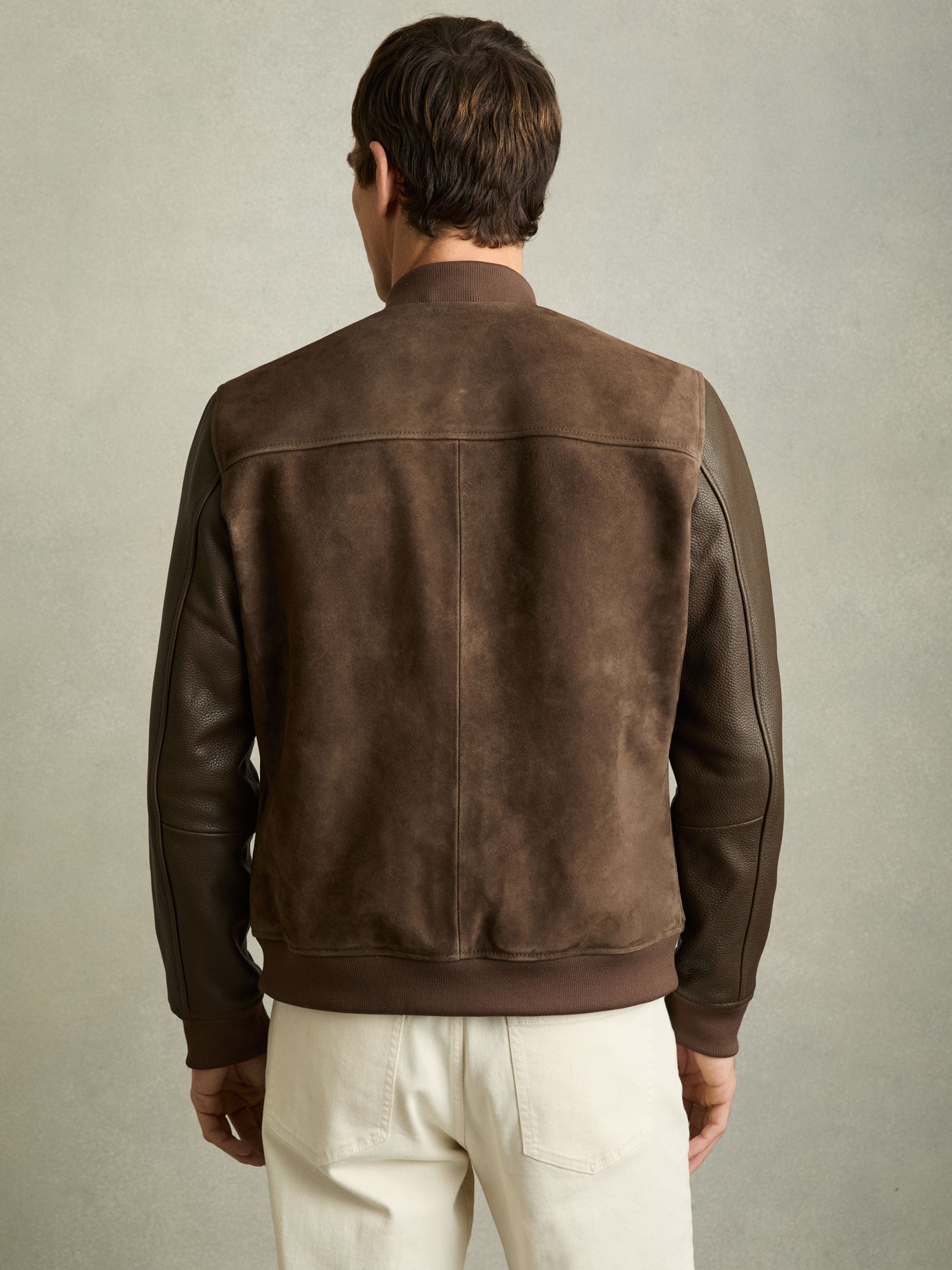 Leather-Sleeve Suede Bomber Jacket in Chocolate Brown